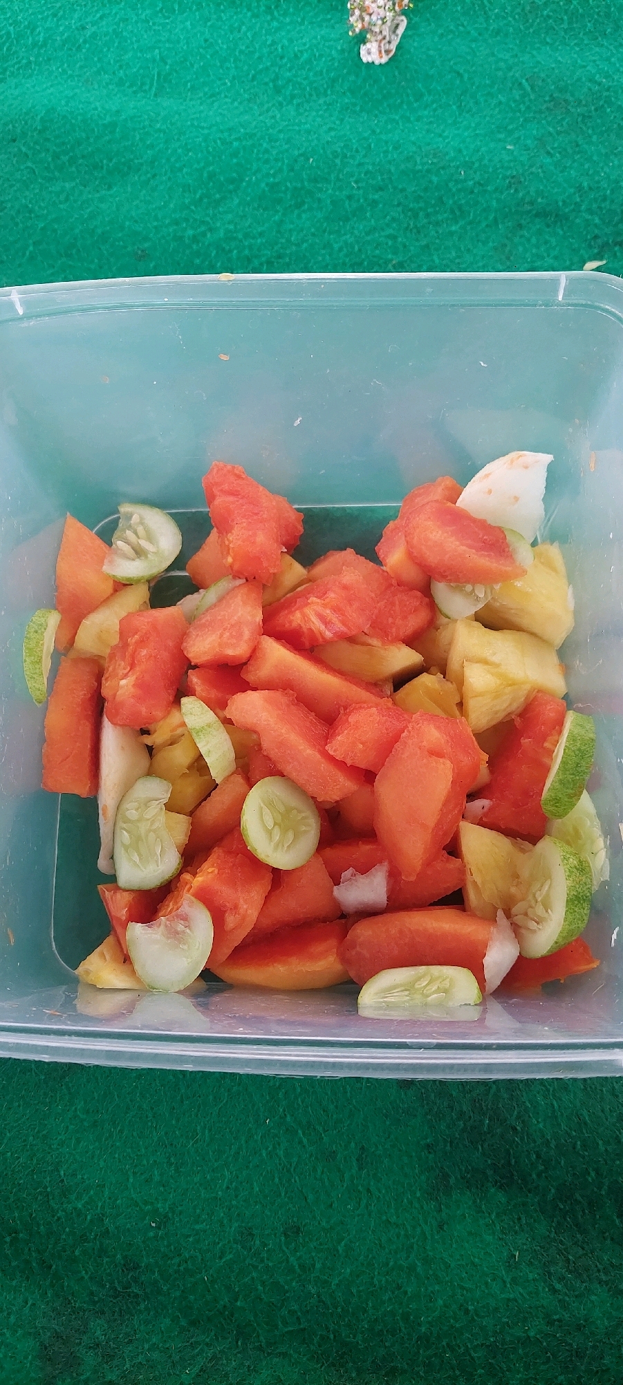 A close-up, overhead shot shows a clear plastic container filled with chopped fresh fruit. The container rests on a textured green surface, possibly a fabric tablecloth. The fruit includes bright orange pieces that appear to be papaya or melon, yellow pieces resembling pineapple, and slices of cucumber with visible seeds. Some white, unidentifiable fruit pieces are also present. The lighting is even, highlighting the vibrant colors of the fruit. No people are visible in the image. The scene appears to be an outdoor setting, likely a picnic or a casual meal. The location in Sumbersuko, Indonesia, suggests a tropical context for the fruit selection.