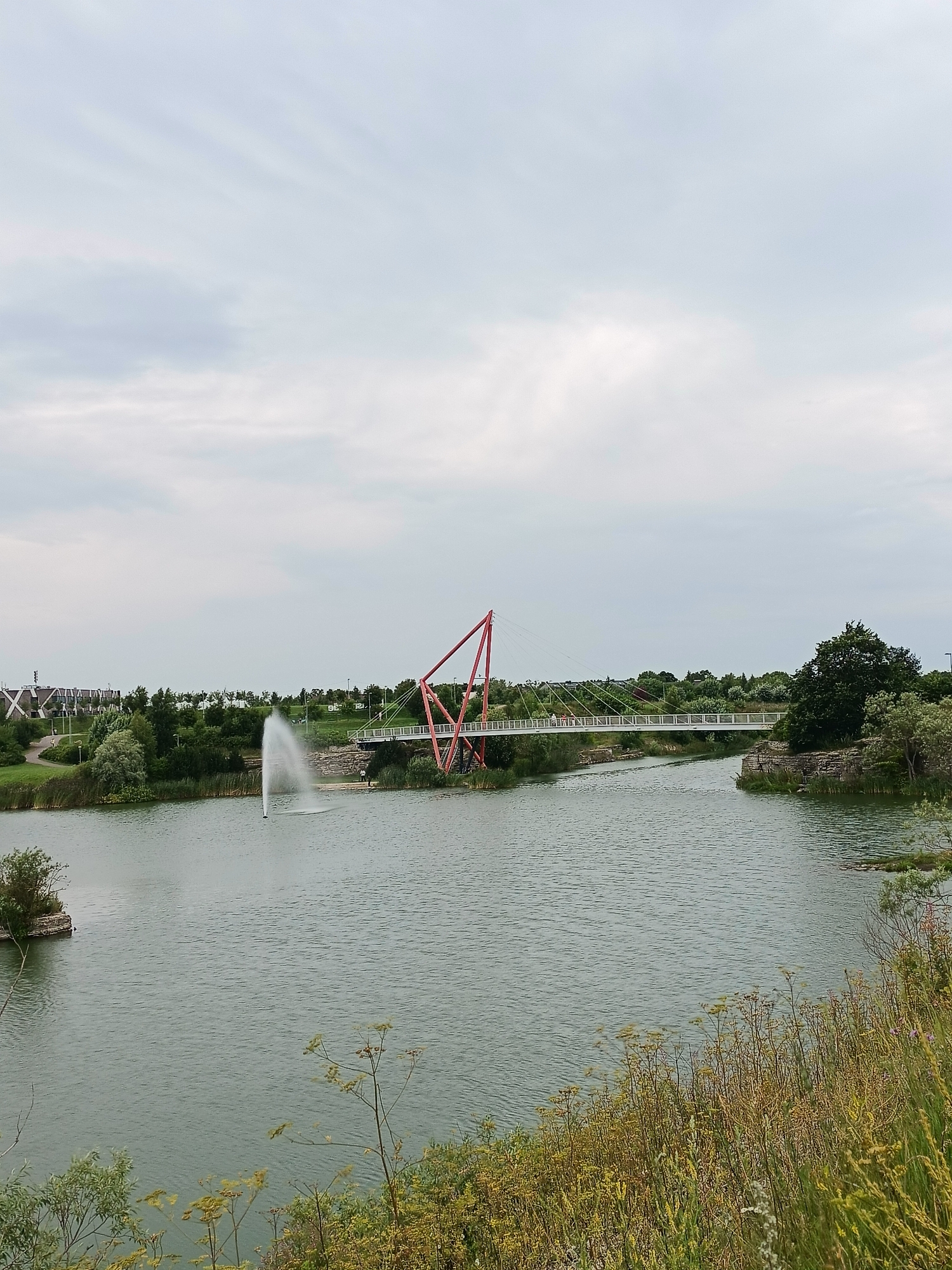 The image shows a picturesque park with a body of water, a bridge, and a fountain. The park is located in the city of Tallinn, Estonia, and appears to be a popular spot for recreation and relaxation. In the foreground, the water is calm, with a fountain spraying water into the air. A bridge with a modern design spans the water, with a red structure on the left supporting the bridge. In the background, there are trees, buildings, and a cloudy sky. The overall atmosphere of the image is peaceful and serene, highlighting the natural beauty of the park and its surroundings.