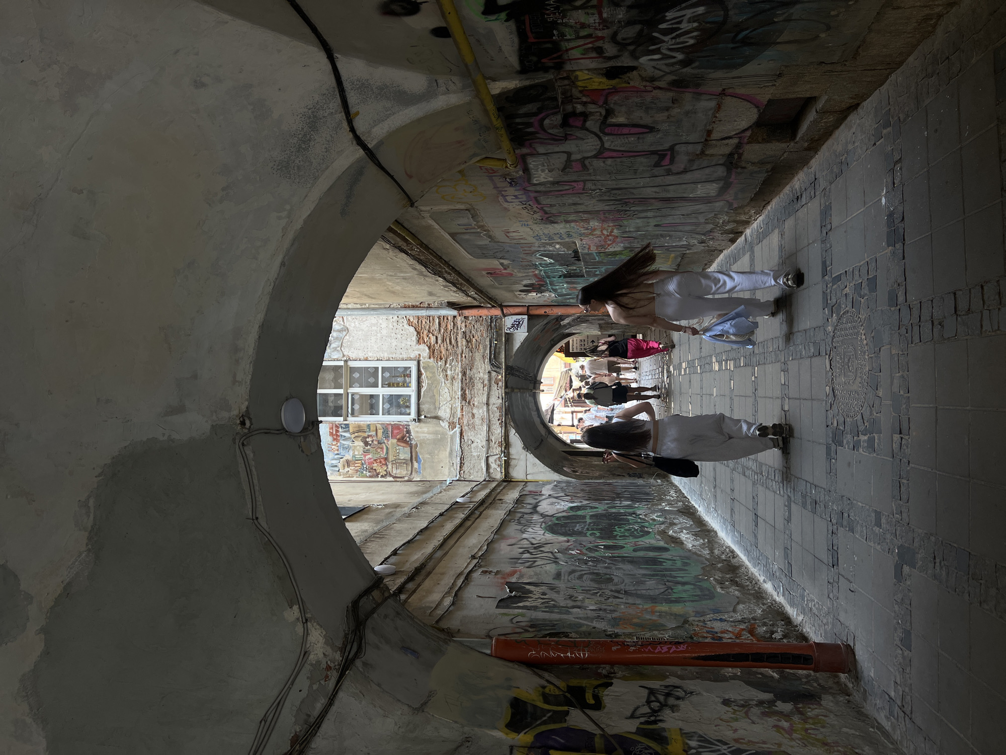 The image captures a narrow, arched alleyway in Lviv, Ukraine, a common architectural feature in the city's historic Old Town. The walls of the alley are heavily adorned with graffiti, creating a vibrant and somewhat chaotic urban canvas. Paved cobblestone ground runs through the passageway, suggesting an older, traditional street surface.
In the foreground, two young women are walking away from the camera, their backs to the viewer. Both are dressed in light-colored, flowing pants and crop tops, exhibiting a casual, summery style. The woman on the left has dark hair that cascades down her back, and she carries a dark bag. The woman on the right also has long dark hair and is carrying a light blue bag over her shoulder.
Further down the alley, more people are visible, also walking away from the camera and heading towards the brighter, open area at the end of the passageway. Their figures are less distinct due to the distance and the lighting. Above the alley, a faded mural is painted on the wall, depicting what appears to be a market scene with barrels and produce. A window with white panes is visible within the mural. The overall atmosphere is that of a bustling, lived-in urban space, where history and contemporary street art coexist.
