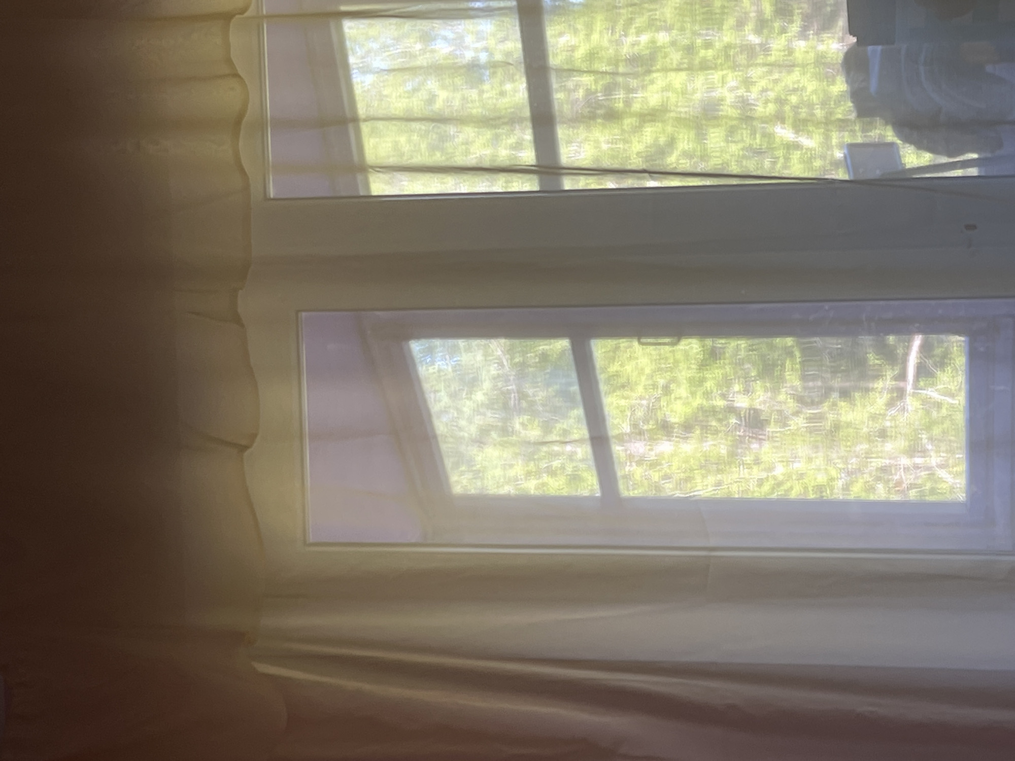 The image shows two white-framed windows with sheer curtains partially drawn to the left. Through the windows, greenery can be seen, suggesting trees outside. The room is illuminated by natural light. The location is not identifiable as Noviy, Russia, based on the visual information provided. No people or interactions are directly visible in the image.