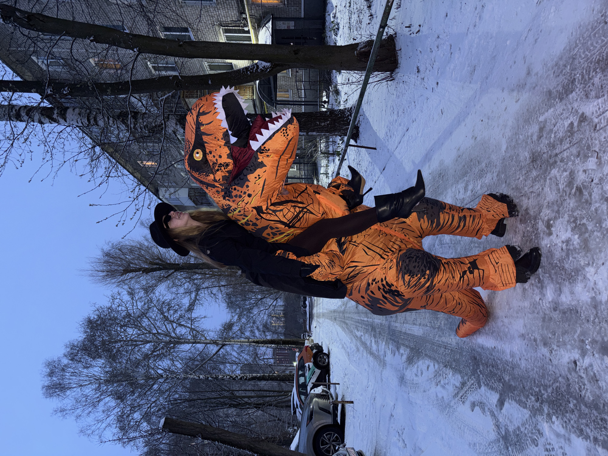 This rotated image captures a playful scene featuring a person in an inflatable T-Rex dinosaur costume outdoors in a snowy, urban setting, likely during winter in Perm, Russia.
The main subject is a young woman, whose upper body, head, and legs are visible from within the open mouth of a large, vibrant orange and black T-Rex costume. She wears a black wide-brimmed hat, a dark jacket, black tights, and high-heeled black boots. Her long, light-colored hair is visible beneath her hat. She strikes a dynamic pose, with one leg bent, her black boot resting on the dinosaur's body, and she is looking upwards and slightly to the right. The T-Rex costume itself is detailed with black patterns resembling tiger stripes, prominent white teeth, and distinct yellow eyes.
The background shows a snow and ice-covered ground with visible tire tracks, indicating a road or path. Bare deciduous trees with dark branches, some identifiable as birch, line the area. A multi-story, grey brick apartment building with lit windows is prominent in the background, suggesting either dawn or dusk. Further down the road, several parked cars, partially covered in snow (including a distinctive orange and white small SUV), are visible. The sky is a clear, light blue, complementing the twilight illumination. A metal pole stands on the right side of the frame. The scene combines the ordinary coldness of a winter evening with the unexpected humor of the dinosaur costume. There is no visible text in the image.