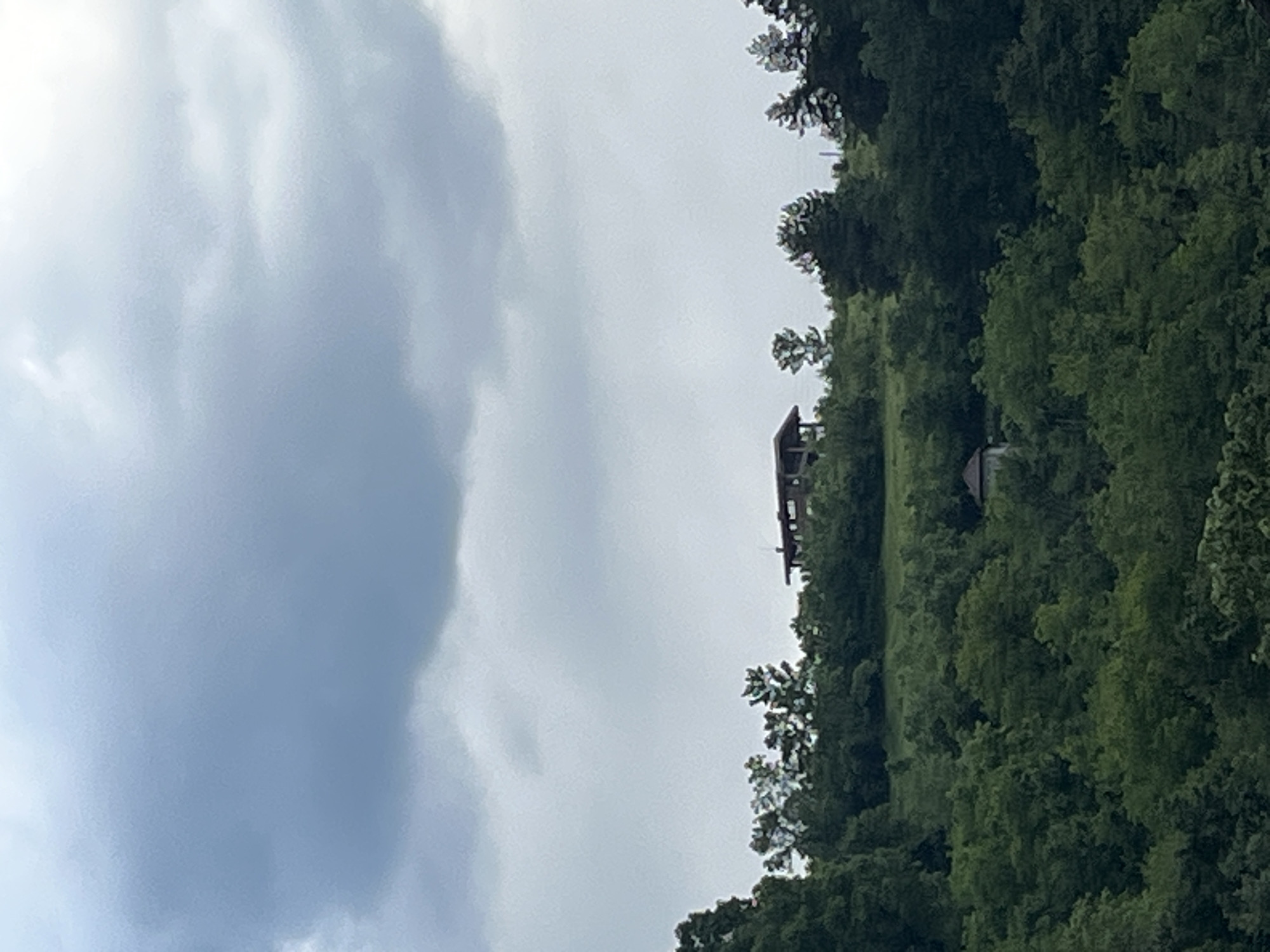 The image, oriented horizontally, depicts a tranquil natural landscape under an overcast sky. The upper left half of the frame is filled with a soft expanse of light grey and white clouds, suggesting a cloudy or partly cloudy day. Below the sky, a vast and densely forested hillside or mountain dominates the lower and right portions of the image. The trees are a vibrant, dark green, indicating lush vegetation.
Nestled within a clearing on the hillside, roughly in the mid-right area of the image, stands a multi-story building. It appears to be a house or a lodge, distinguished by its dark roof and what seems to be a dark-colored exterior. A smaller, darker structure is partially visible further down and to the right of the main building, somewhat obscured by the surrounding trees.
No people or animals are visible, and no specific activities are taking place. The scene conveys a sense of peaceful remoteness. The time of day appears to be daytime, with soft, diffused light consistent with an overcast sky. There are no identifiable location cues beyond the natural, forested, and hilly environment, suggesting a rural or mountainous region. No text is visible anywhere in the image.