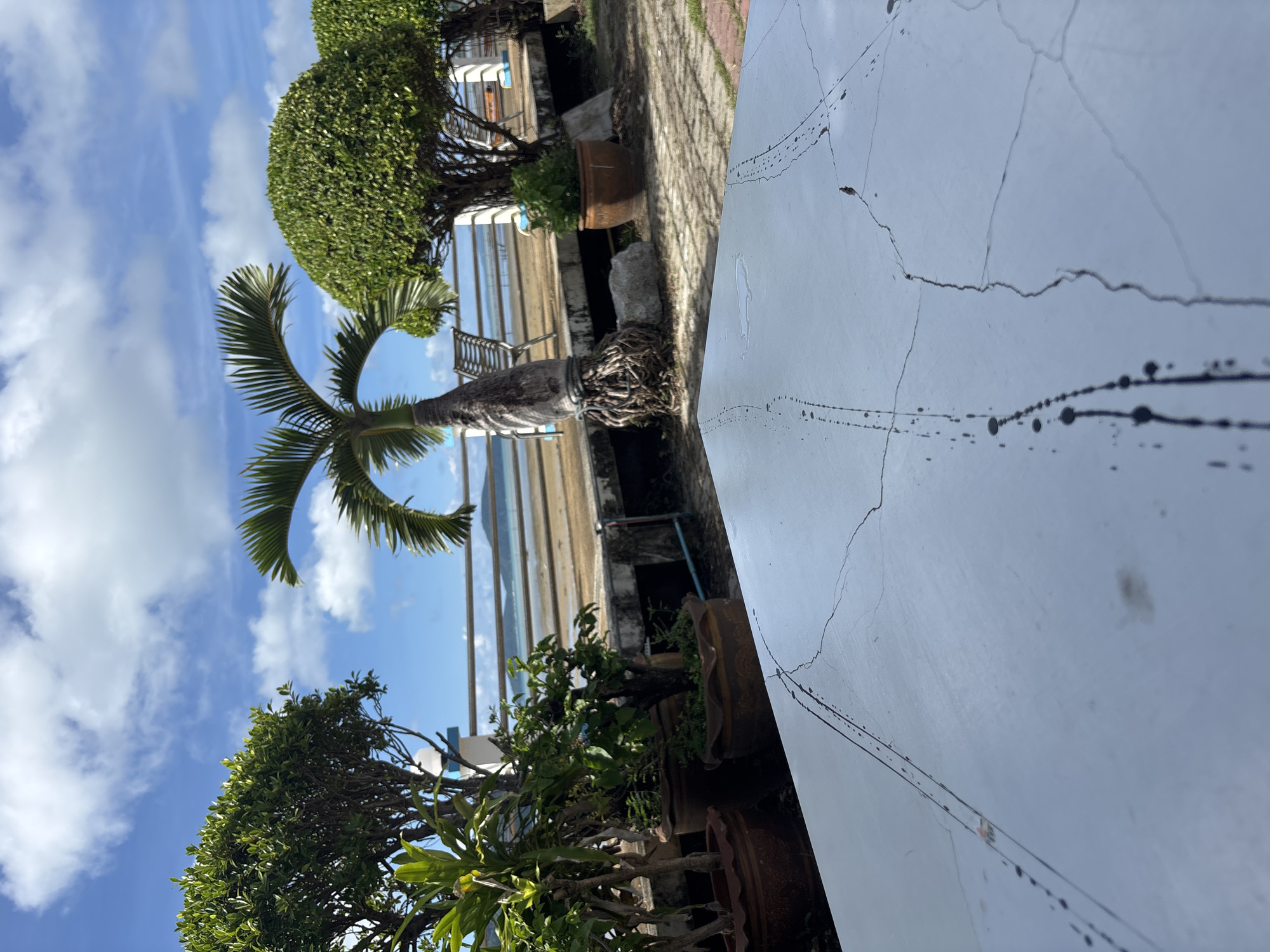 A partially framed, low-angle, wide shot shows a white, textured table surface in the foreground, covered with dirt marks and cracks. Beyond the table, a paved walkway leads to a raised concrete platform overlooking a body of water. On the platform, potted plants are visible, including a palm tree with exposed roots and a rounded, dense bush. A metal railing runs along the edge of the platform, and a chair is visible behind the palm tree. In the distance, a hazy shoreline with buildings and a body of water under a blue sky with scattered clouds completes the scene. The location is identified as Rawai, Thailand.