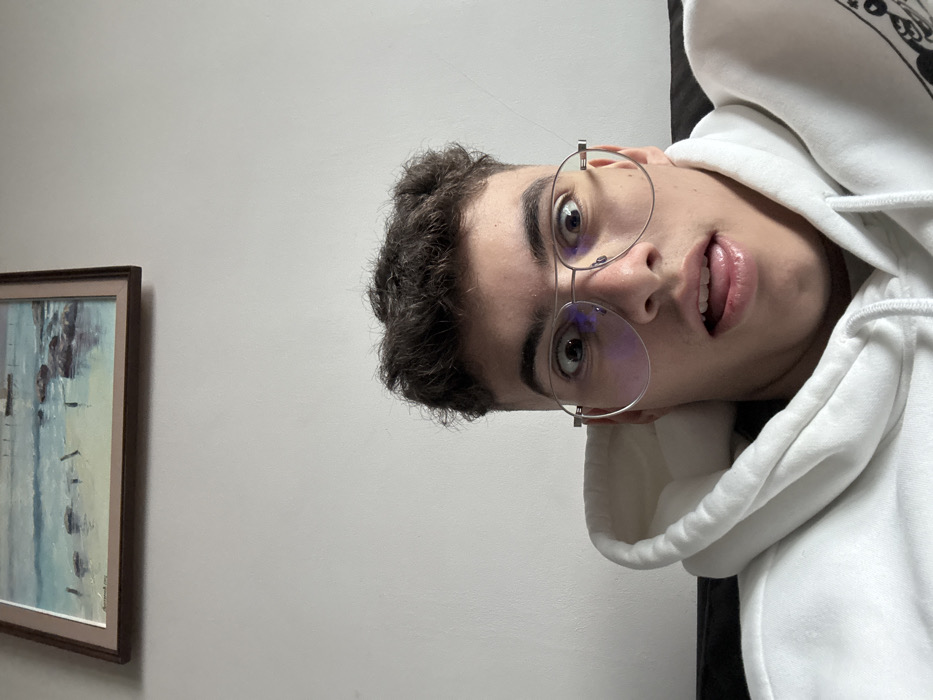 The image depicts a close-up, upward-angled shot of a young male indoors. The individual, positioned centrally, has dark, curly hair and is wearing silver-framed glasses with a slight blue tint reflecting from the lenses. He is wearing a white hooded sweatshirt, the hood partially visible around his neck and shoulders. His eyes are wide open, and his mouth is slightly open with the tip of his tongue extended. The expression appears exaggerated or playful.
In the background, against a plain light-colored wall, a framed painting hangs in the upper portion of the image. The painting depicts a serene seascape with light blue water, several dark rocks, and what appears to be a small boat or elements of a pier in the distance under a light sky. The frame is dark brown. A dark surface, possibly the back of a sofa or chair, is visible to the lower right of the individual.
The specific location within the city of Burgas, Bulgaria, cannot be determined from the visual information present in this image.