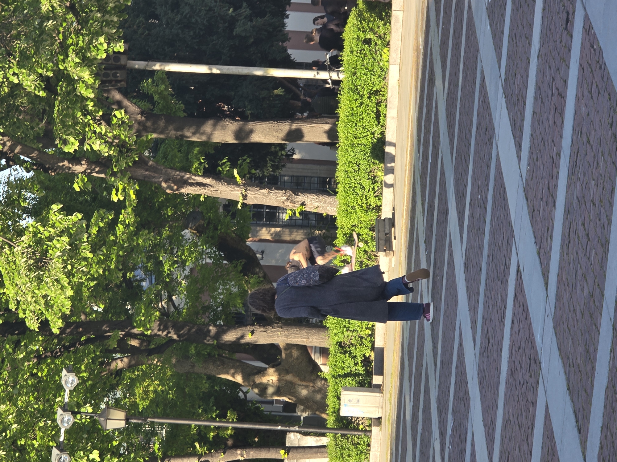 A horizontal shot depicts a pedestrian walking on a patterned pavement in an urban setting. The pedestrian is wearing a long, dark coat over jeans, with footwear that includes red stripes. They are positioned on a walkway composed of alternating brown and light-colored diagonal stripes. To the pedestrian's left are trees with vibrant green foliage and lamp posts. A green hedge borders the walkway. In the background, other people are visible, along with sections of buildings.