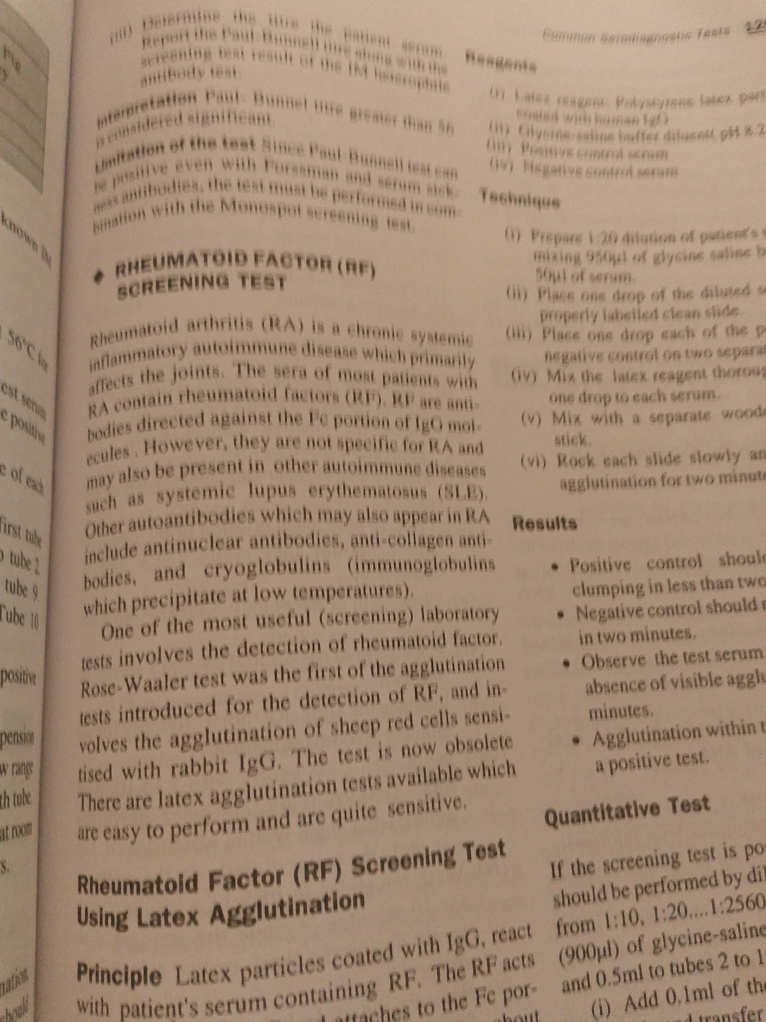 The image is a close-up of an open textbook, displaying text related to medical diagnostic tests, specifically focusing on Rheumatoid Factor (RF) screening. The text is presented in columns with headings like "Reagents," "Technique," "Results," and "Quantitative Test." The page is illuminated, indicating it's likely being read under artificial light or daylight. There are no people, objects, or environmental elements from the city of Jalingo, Nigeria, present in the image. The content is purely textual and educational.