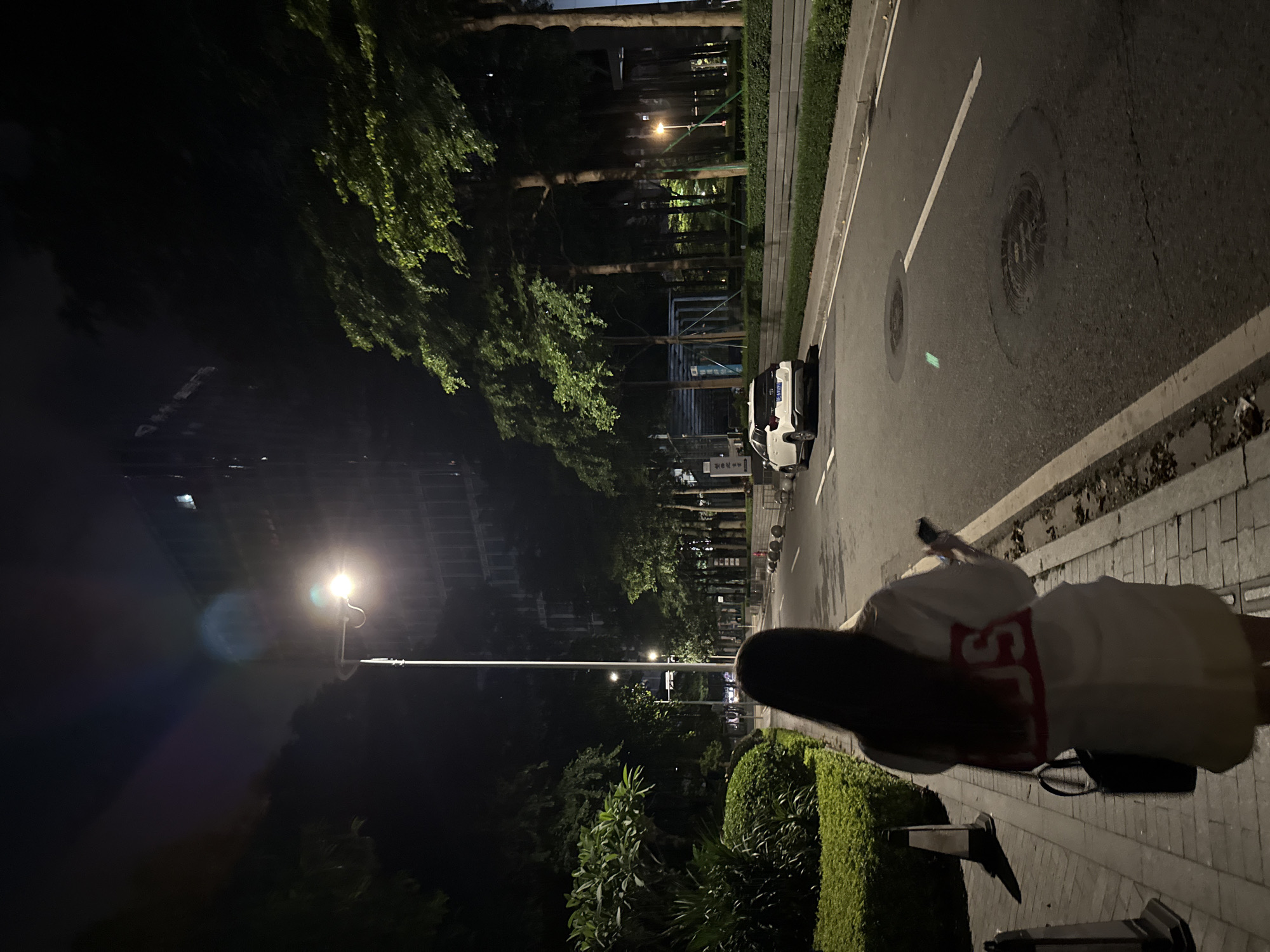 A rear view of a woman with long dark hair walks on a sidewalk at night in the city of Haizhu District, China. She is wearing a white dress with red lettering on the back and carrying a black bag over her left shoulder. She holds a smartphone in her right hand. The sidewalk is made of pavers and bordered by a manicured hedge and a street. Across the street, a white SUV is parked. A street lamp illuminates the scene, casting a bright light. Trees line the street and a tall, modern building is visible in the background. The overall atmosphere is nocturnal and urban.