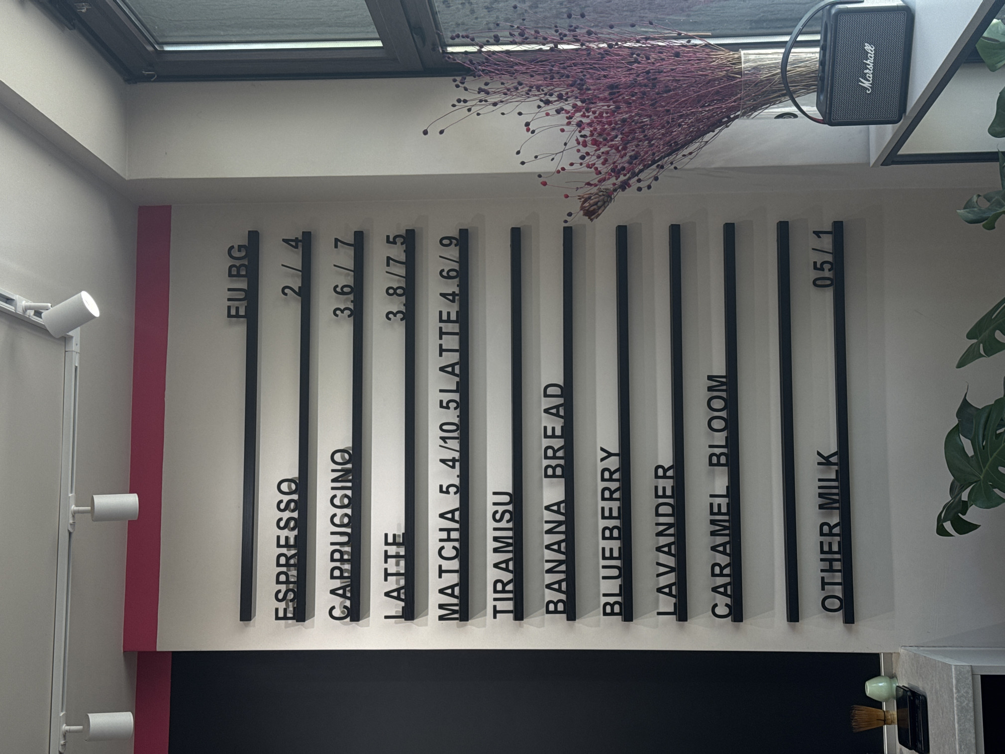 This image captures an interior scene, likely a modern cafe or coffee shop in Sofia, Bulgaria. The central focus is a vertical menu board displayed on a clean, light-colored wall. The menu consists of individual black strips, each bearing an item name and its price, written vertically in white capital letters.
The visible menu items and their associated prices are: "EU BG" (likely indicating currency or location), "ESPRESSO 2/4", "CAPPUCCINO 3.6/7", "LATTE 3.8/7.5", "MATCHA 5.4/10.5", and a second "LATTE 4.6/9". Following these are "TIRAMISU", "BANANA BREAD", "BLUEBERRY", "LAVENDER", "CARAMEL BLOOM", and "OTHER MILK 05/1". A striking dried floral arrangement with deep red berries is placed in a clear vase on a shelf above the right side of the menu. Perched above the floral arrangement, also on a shelf, is a black Marshall brand speaker.
To the left of the menu, two white cylindrical spotlights are mounted on the wall, illuminating the space. A skylight or large window is visible at the very top of the image, allowing natural light to fill the room and suggesting it is daytime. A partial view of a green plant with large leaves, possibly a Monstera, is seen in the bottom right corner. A dark-colored counter or surface is visible at the bottom of the frame, with a small decorative item and a brush on it. The overall aesthetic is clean, minimalist, and contemporary.