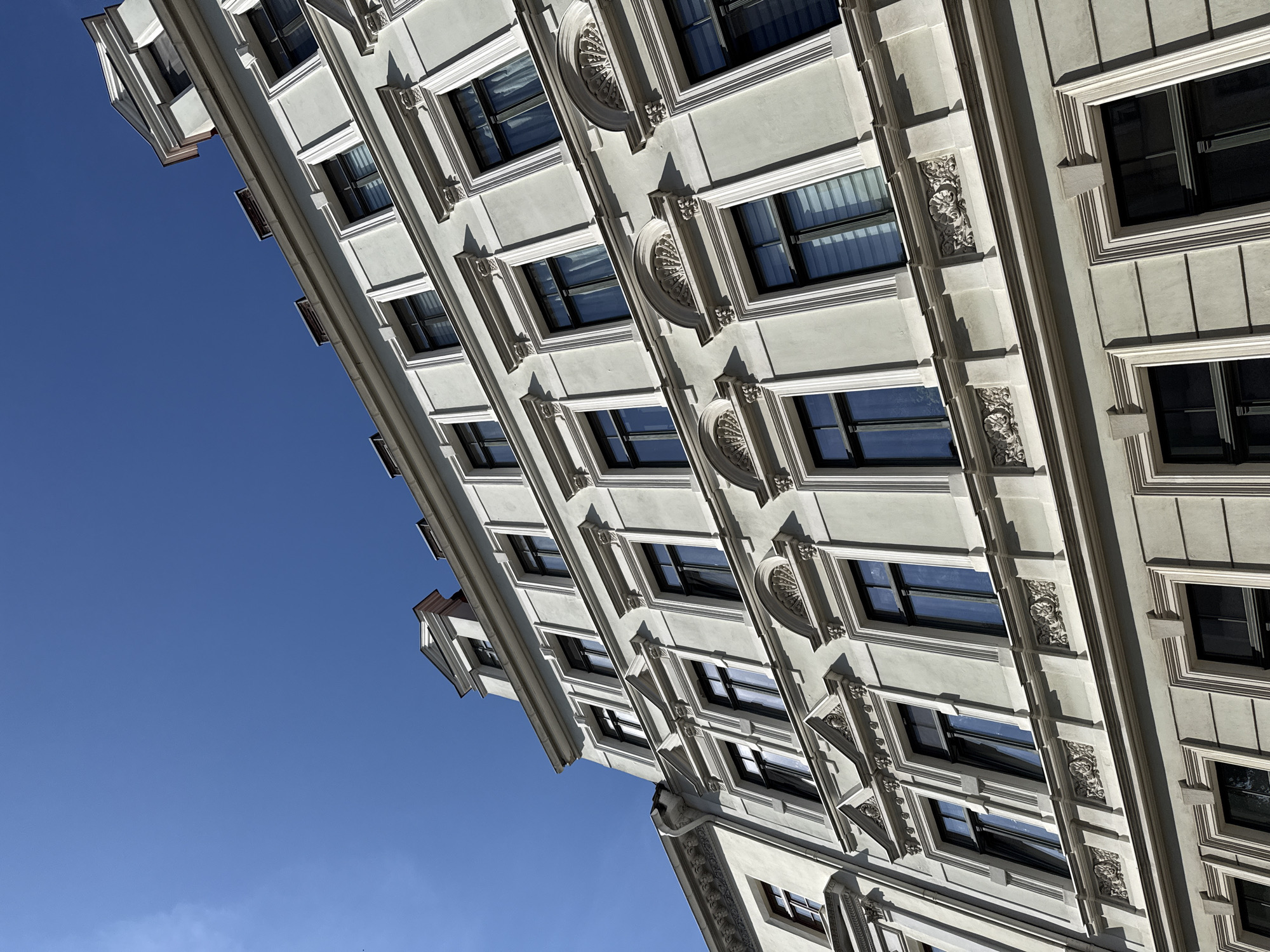 This is a low-angle, full-frame photograph of a pale gray, multi-story building with ornate architectural details, set against a clear blue sky. The building exhibits a classical European style, likely in Görlitz, Germany, a city known for its well-preserved historical architecture, especially its Art Nouveau buildings. The facade features numerous dark-framed windows, many with intricate white decorative molding around them, including pediments and relief sculptures depicting floral motifs. Some windows appear to have blinds or sheer curtains visible. The building's roofline is visible at the top, with dormer windows and decorative gables. The perspective creates a dramatic upward sweep, emphasizing the height and grandeur of the structure. No people or activity are visible in the image.