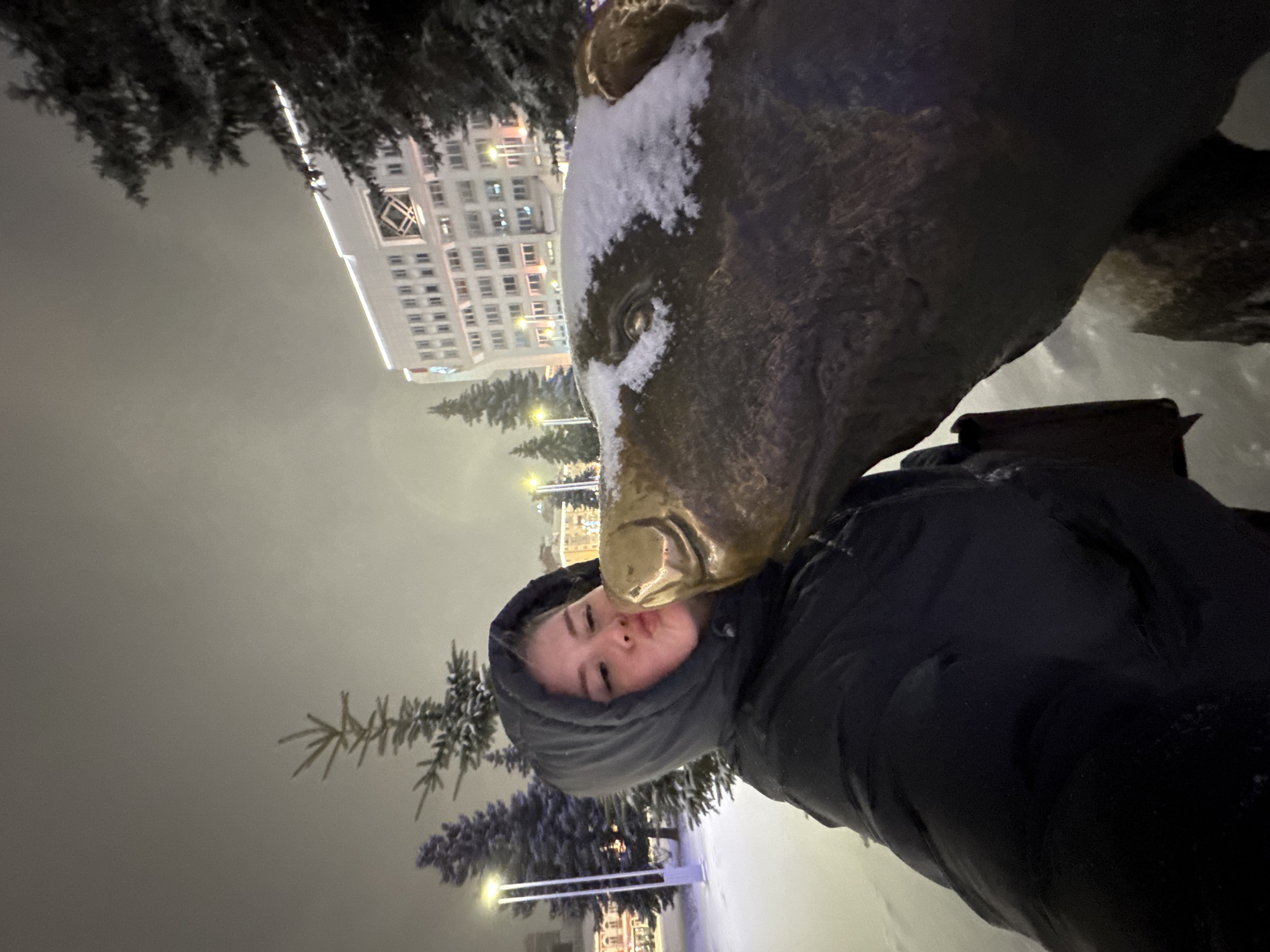 A young woman in a hooded jacket is positioned close to a bronze statue of a bear, pressing her lips to the bear's nose. The statue has snow on it. In the background, there is a building and some trees. The location is the city of Perm, Russia. The image was taken at night.