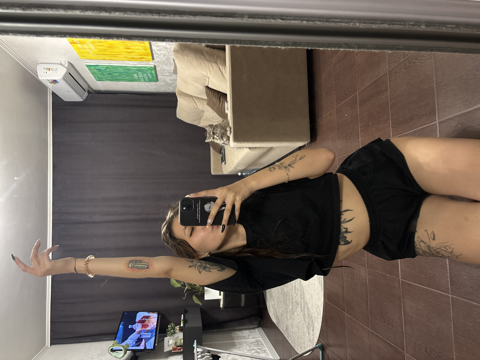 The image shows a woman taking a mirror selfie in a living room. The woman is wearing a black crop top and black shorts, with tattoos visible on her arm, torso, and thigh. Her left arm is raised, and she is holding her phone in her right hand. In the background, a couch with a cat on it, a television, an air conditioner, and artwork on the wall are visible. The floor is tiled, and there is a rug on the floor. The room appears to be a domestic setting. The image does not provide any information about the location being in the city of Novokuznetsk, Russia.