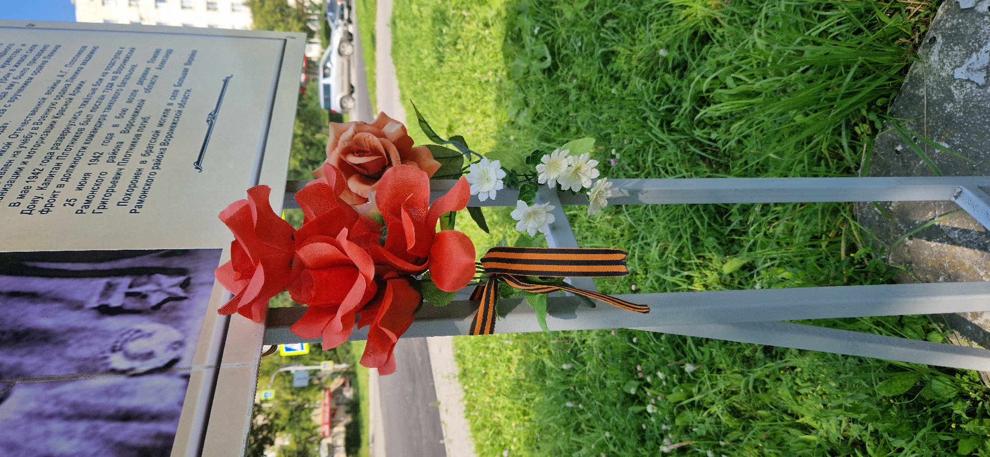 The image shows a close-up of a memorial display outside, with flowers and a ribbon in front of a plaque that contains Russian text. The plaque is positioned behind a light gray metal frame. On the plaque, there is a black and white photograph to the left, and to the right, there is text describing events related to World War II. Red and peach-colored artificial roses are arranged on the metal frame, along with smaller white artificial flowers. A black and orange striped ribbon, characteristic of the St. George ribbon, is tied to the frame. The background shows a grassy area with some small white flowers, a road with passing cars, and a building in the distance. The plaque's text mentions the year 1942, a military rank (Captain), and refers to the Great Patriotic War, indicating a historical commemoration. The scene suggests a memorial site, possibly a gravestone or a monument, situated outdoors in an urban environment. The context of the St. George ribbon and the reference to the Great Patriotic War strongly implies a memorial to Soviet soldiers. The image appears to be taken in Miass, Russia, given the provided context.
