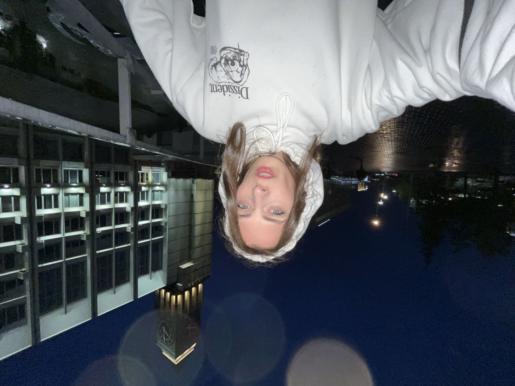 The image presents a person wearing a white hoodie with the word "Dissident" and a graphic of a dog on it. The person is positioned upside down in the frame. In the background, there's a building with many windows and a clock tower. The image was likely taken at night. Based on the architecture, specifically the building with multiple windows and the presence of the clock tower, the location is likely Krasnoyarsk, Russia, at the building of the Legislative Assembly of the Krasnoyarsk Territory.