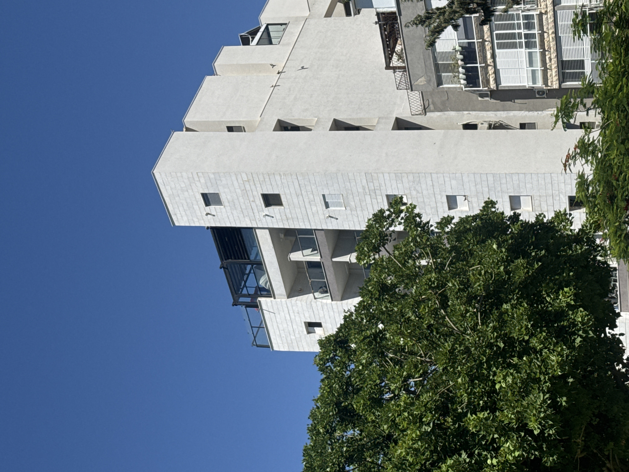 An eye-level, outdoor shot captures a bright, sunny day with a clear blue sky above. In the foreground, lush green trees partially obscure the view of modern buildings. The main building, a tall, multi-story structure, is predominantly white with a stone-clad facade on its left side. It features numerous windows of various sizes, some open with balconies visible. The building's top level has an enclosed glass area, possibly a penthouse or rooftop extension, with railings. To the right of the main building, a darker gray building with white-shuttered windows and balconies is visible. The scene appears to be in an urban environment, possibly a residential area.
