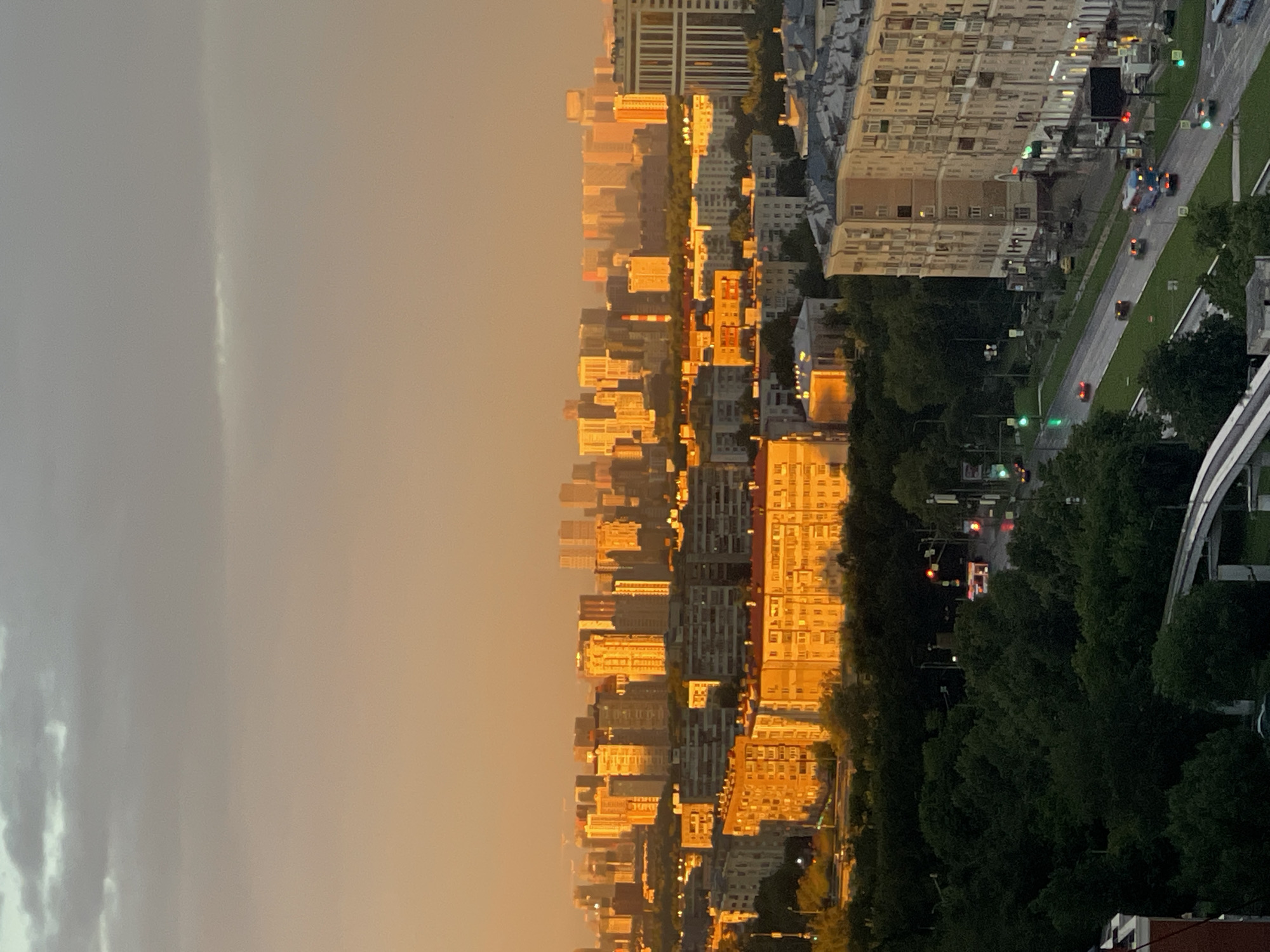 The image shows a city skyline with tall buildings bathed in the warm light of either sunrise or sunset. The perspective is from a high vantage point, looking down and across at the urban landscape. The buildings are a mix of modern and older architectural styles, with many windows visible. Lush green trees line the streets and fill in some of the spaces between the buildings, creating a contrast between nature and the urban environment. A road with a few cars and traffic lights is visible, suggesting this is a populated area. The sky is a soft gradient of grey and orange, indicating the time of day. The overall mood is serene and picturesque, with the golden light casting long shadows and highlighting the textures of the buildings. There is no visible text in the image.
