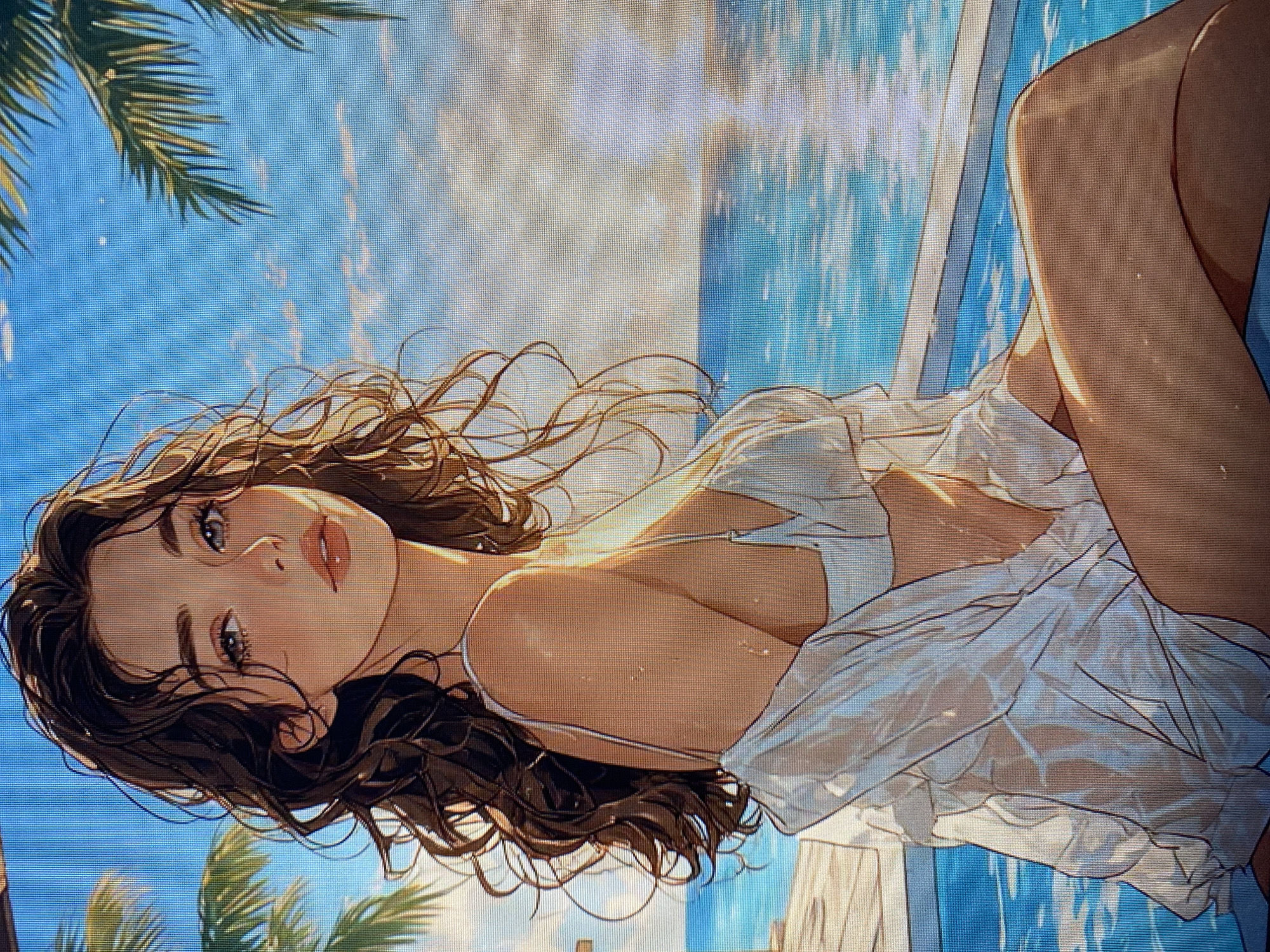 A digitally rendered image depicts a young woman with long, dark, curly hair, wearing a white bikini and a sheer white cover-up, sitting beside a swimming pool. She is looking towards the viewer with a gentle expression. The background shows a bright blue sky with scattered clouds and palm trees, and a body of water, likely the sea, in the distance. The lighting suggests it is a sunny day, possibly during sunset, with warm light casting highlights on the woman's skin and hair. There is no discernible location in Yerevan, Armenia, present in the image; it is a generic beach or poolside setting.