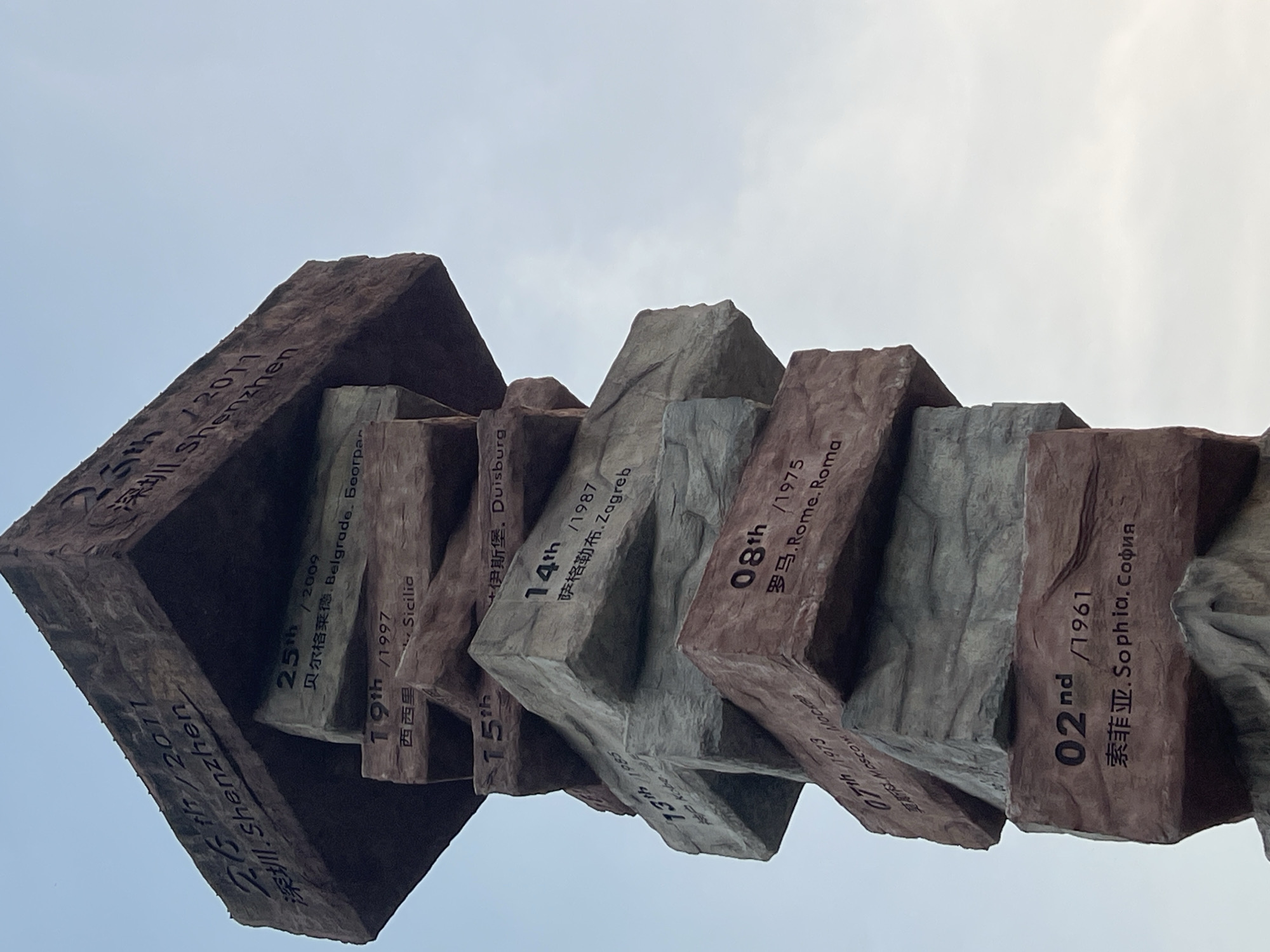 The image shows a monument in Nanshan District, China, composed of stacked stone blocks, each inscribed with a number, a year, and a city name, some in English and some in Chinese. The monument is tall and appears to be made of rough-hewn stone with textured surfaces. The sky is visible in the background, appearing overcast or hazy. One block near the top is inscribed with "26th / 2011" and "深圳. Shenzhen". Below that, another block reads "25th / 2009" and "贝尔格莱德. Belgrade. Beograd". Further down, a block shows "19th / 1997" and "西西里. Sicilia". Another block is marked "15th" followed by Chinese characters and "Duisburg". Below that, "14th / 1987" and "萨格勒布. Zagreb" are visible. The next block down has "13th / 1985" and "神户. Kobe". Following that is "07th / 1973" and "莫斯科. Moscow". Then, "08th / 1975" and "罗马. Rome. Roma". Finally, at the bottom, "02nd / 1961" and "索菲亚. Sophia. София" are inscribed. The monument is positioned outdoors, with no people or other distinct objects in the immediate vicinity.