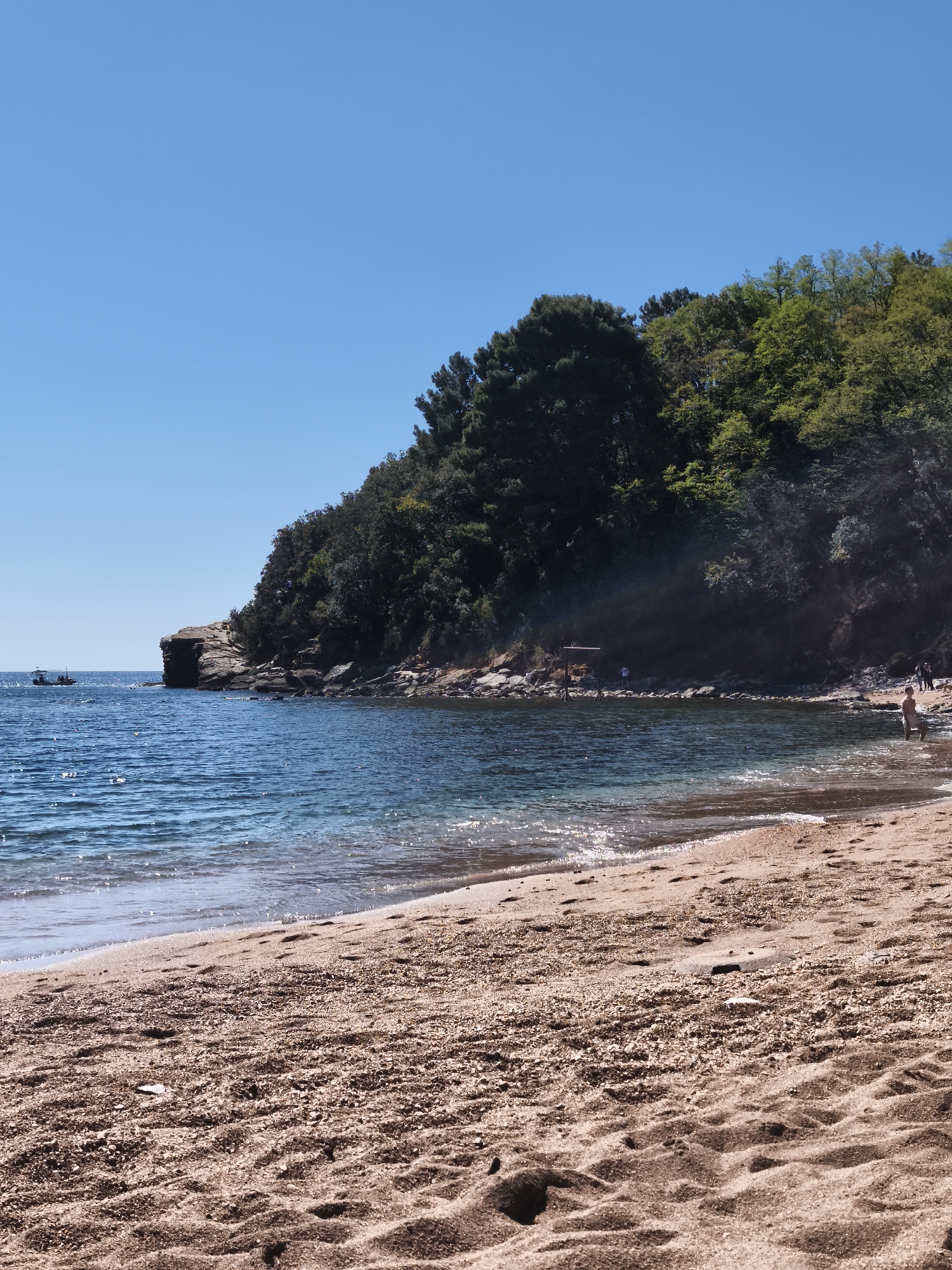 The image captures a scenic view of a beach in Budva, Montenegro. The foreground features a sandy beach with a reddish-brown hue, showing textures and patterns of sand and small pebbles. In the midground, turquoise water laps against the shore. Further into the bay, the water deepens to a darker blue.
On the left side of the image, a small boat is visible on the water. A rocky headland covered with dense green vegetation rises from the edge of the water and extends into the background. Several people are scattered along the shoreline.
Above the headland, the sky is clear and blue. The scene is bathed in sunlight, suggesting a clear, sunny day.