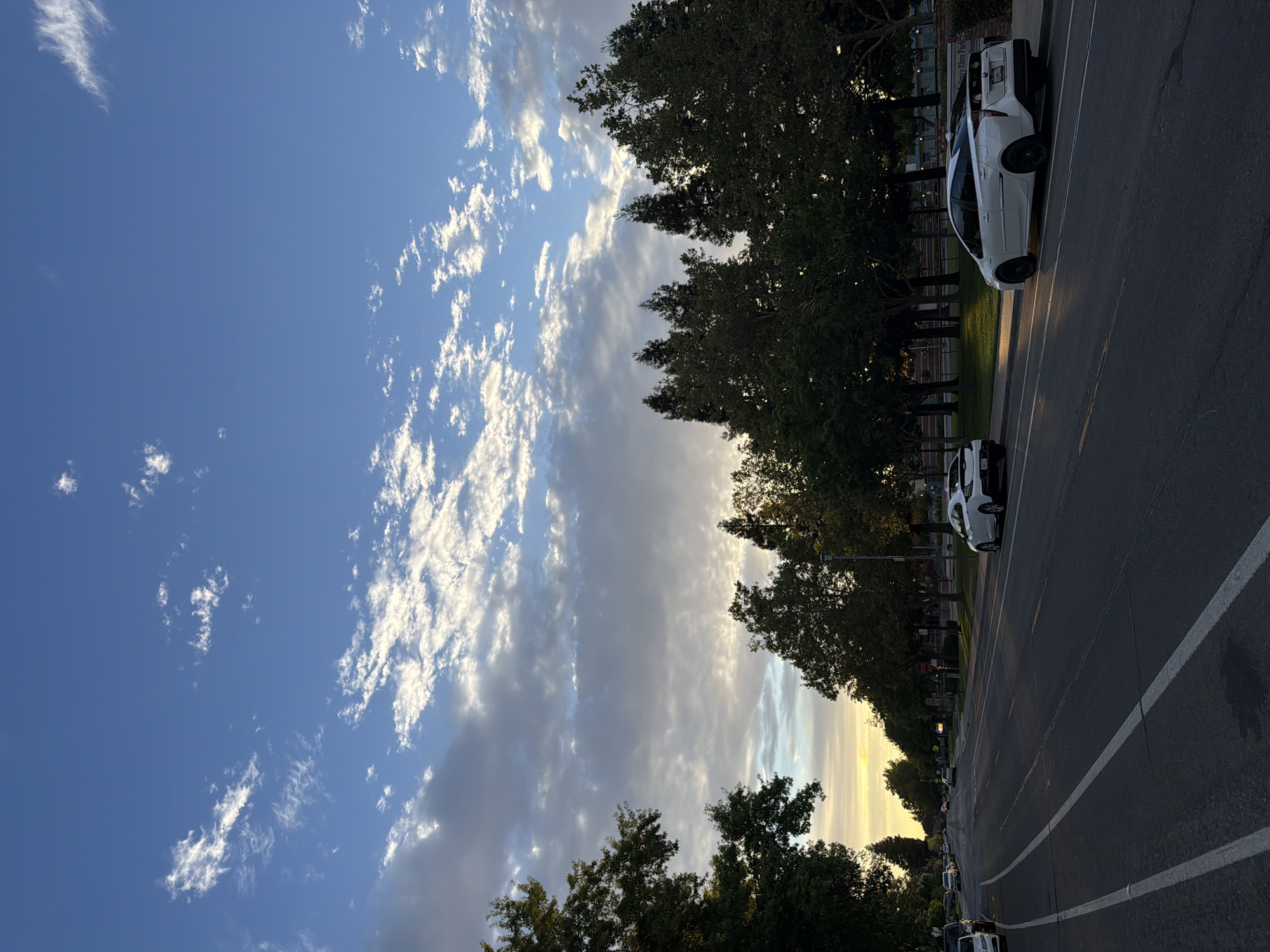 The image shows a street scene in Elk Grove, California, USA, during what appears to be sunset or early evening. The sky is a mixture of blue and grey clouds, with some wispy white clouds scattered across the upper portion of the frame. The sun is low on the horizon, casting a warm glow on the clouds and trees.
The street is paved and has multiple lanes, with white lines marking the lanes and shoulders. There are trees lining the street on both sides, with some of them casting shadows onto the road. Several cars are parked along the side of the road or driving on the street. Two white cars are prominently featured, one in the foreground on the right side of the street and another in the middle of the road on the left side. A sign that reads "Henry Kloss Park District" is visible on the right side of the image, indicating the location of a park. The overall impression is a peaceful suburban street scene at dusk.