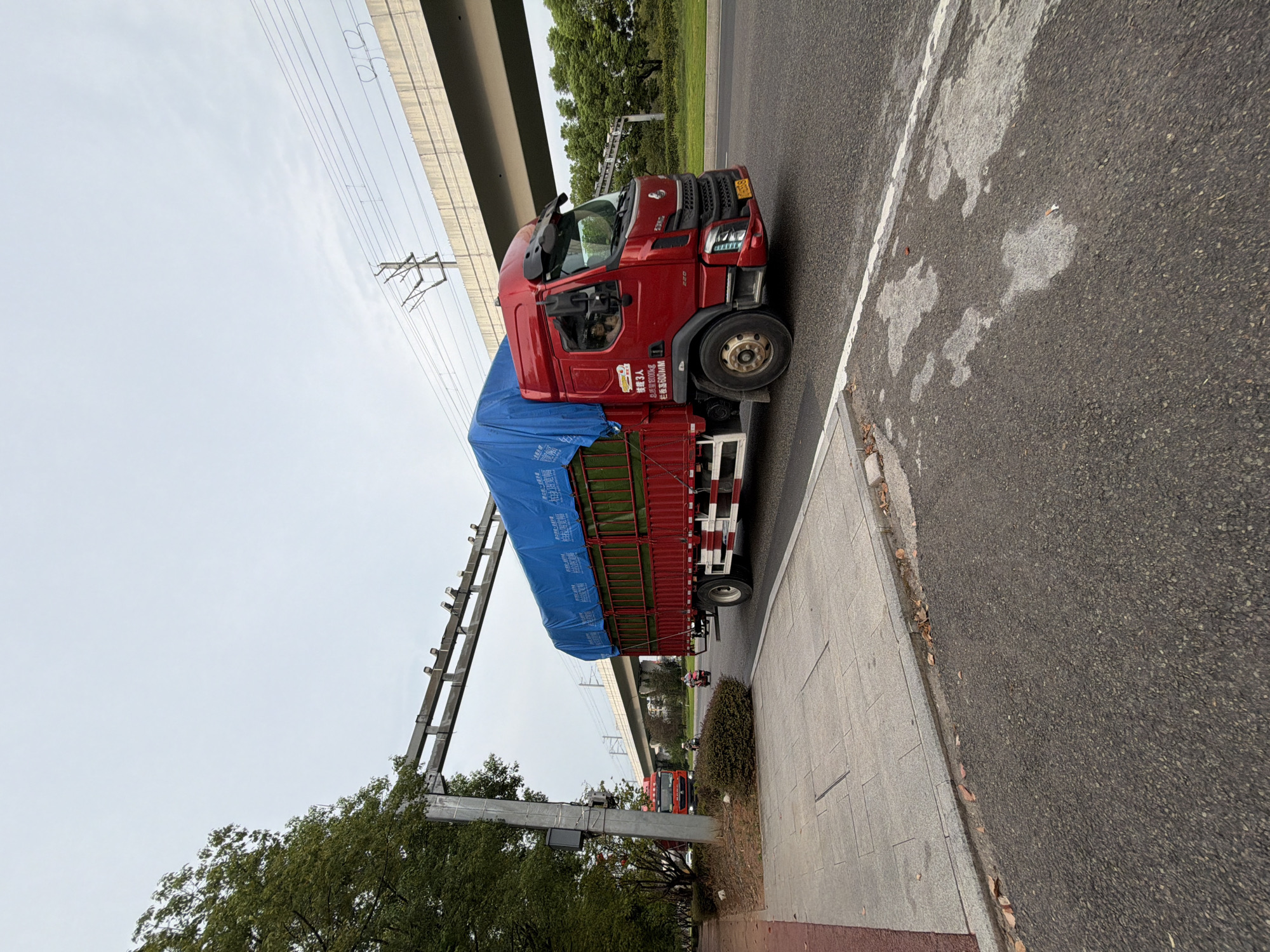 In Jiangjin, China, a bright red truck with a blue tarp-covered cargo bed is driving on an asphalt road. The truck has a prominent grille and headlights, and the driver and a passenger are visible in the cab. Chinese characters are visible on the side of the truck's cargo area and on a yellow license plate. To the left of the road, a sidewalk made of light-colored paving stones runs alongside a line of green bushes and trees. A metal structure with lights spans overhead, and in the background, elevated train tracks and more trees are visible under a hazy sky.