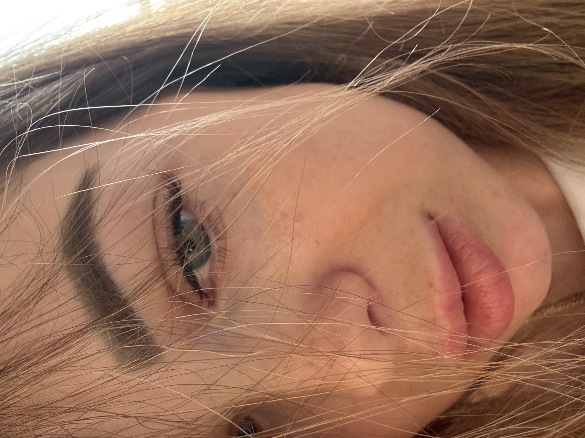 The image is a close-up portrait featuring a person's face, predominantly obscured by a cascade of blonde or light brown hair. The subject, likely a young female, has fair skin with subtle freckles visible on the cheek and nose.
The most prominent features visible are her left eye, which has a light blue or green iris and dark eyelashes, and her mouth, with slightly parted lips showing a natural pink color. A well-defined eyebrow is also visible above the eye. Numerous individual strands of hair are scattered across the foreground and midground, creating a soft, blurred effect and drawing attention to the visible facial features peeking through.
The lighting is bright and appears natural, possibly from a window, casting soft highlights on the hair and skin. The background is out of focus, emphasizing the subject. There is no specific activity taking place, rather a serene and intimate pose. No text is visible in the image.