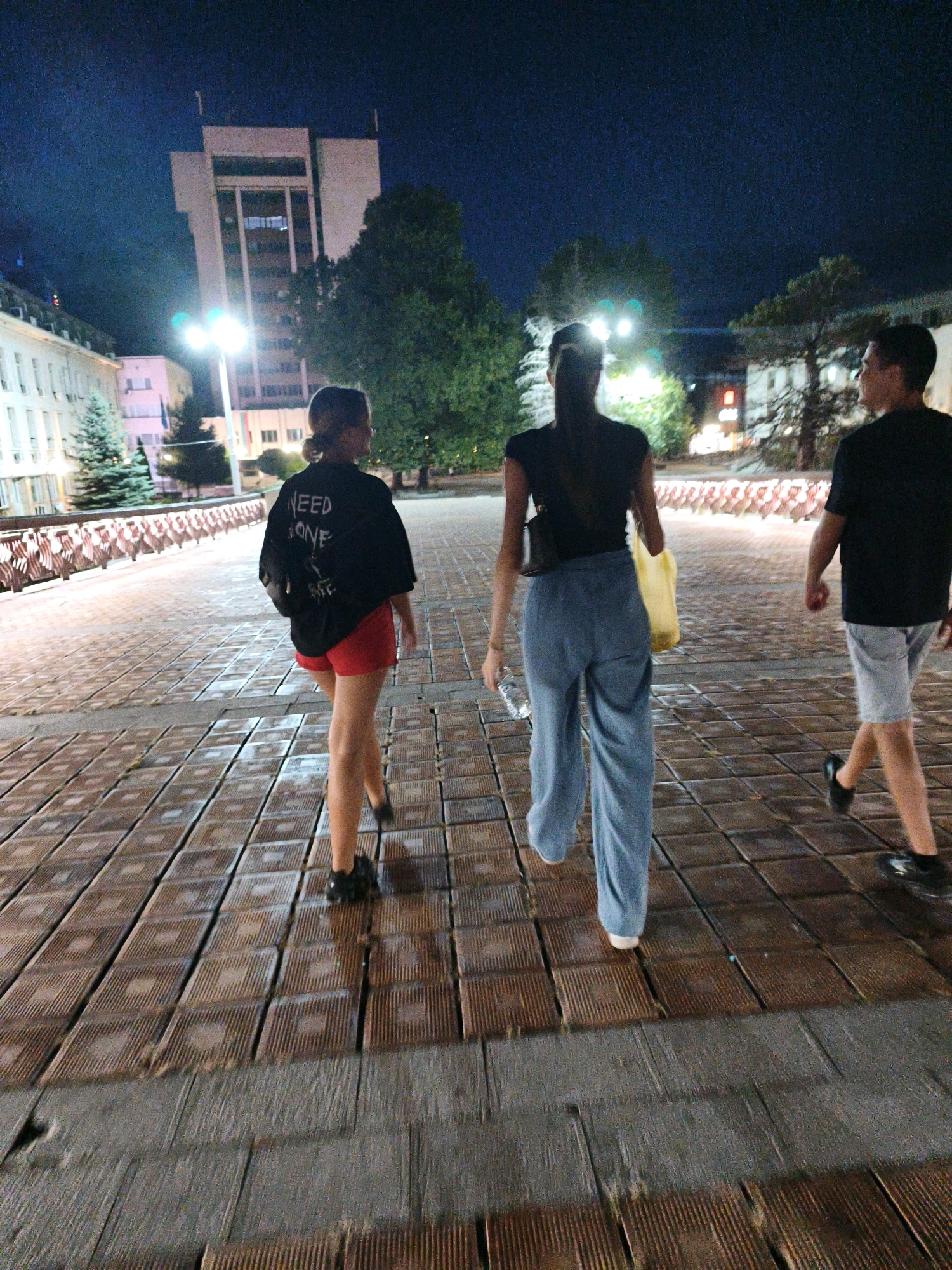 Three individuals are walking away from the camera on a paved walkway at night in the city of Lovech, Bulgaria. The walkway is made of rectangular tiles with a reddish-brown hue and some gray stone sections. The lighting suggests it is evening or night, with artificial lights illuminating the scene and a dark sky above.
On the left, a person wearing a black oversized t-shirt with white lettering on the back and red shorts is walking. The t-shirt has the words "NEED NONE" printed in a stylized font. They are also wearing black shoes.
In the center, a person is walking in loose-fitting light blue trousers and a black top. They are carrying a bright yellow bag over their right shoulder and a water bottle in their left hand.
On the right, a person is walking in light gray shorts and a black t-shirt, wearing black shoes.
In the background, there are buildings, trees, and streetlights. The architecture of the buildings appears to be modern and institutional, with some of them lit up. A row of red and white railings runs along the left side of the walkway. The ground appears to be wet, possibly from rain or recent cleaning, reflecting the lights.