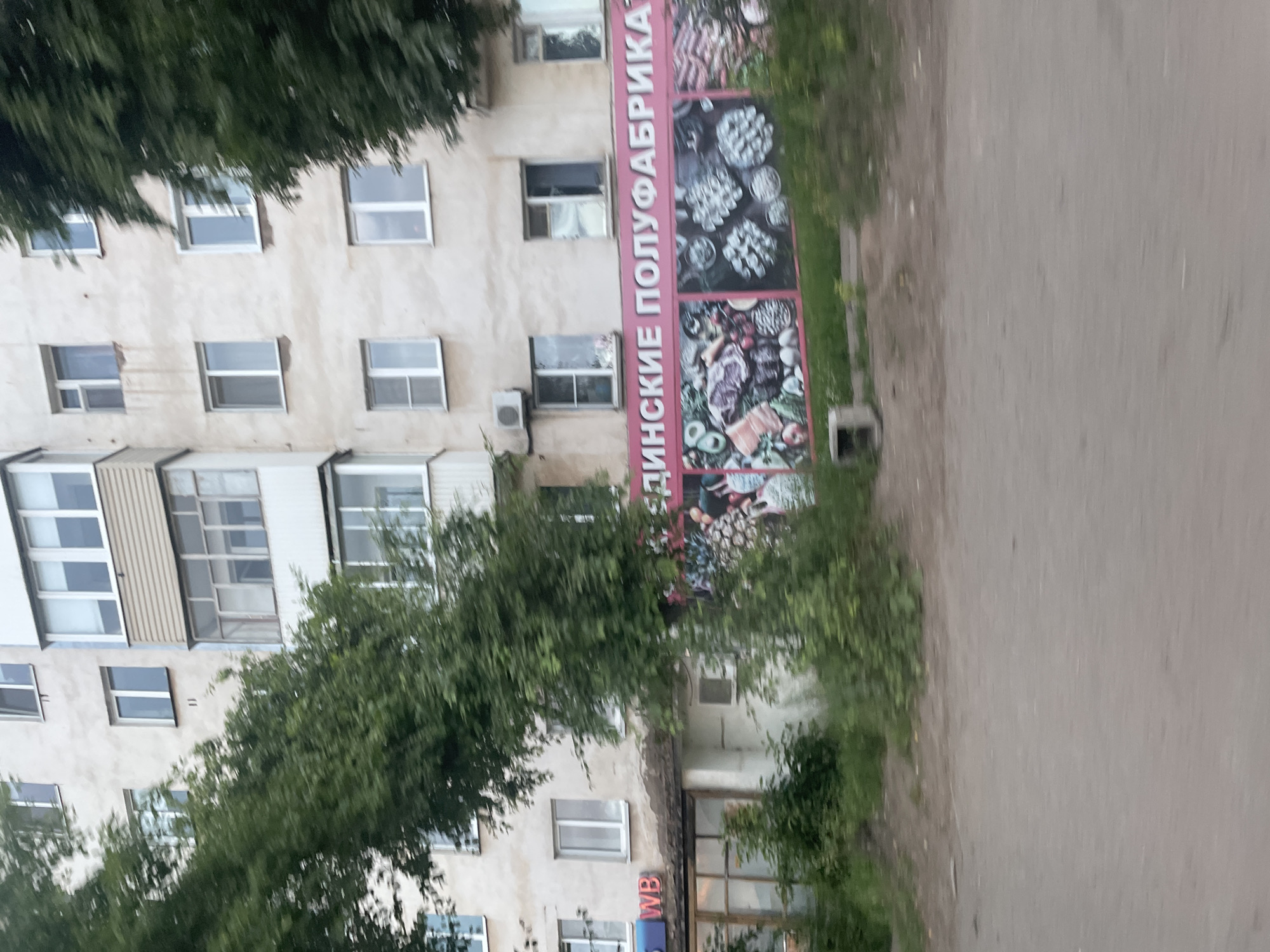 The image shows the exterior of a multi-story building in Votkinsk, Russia. The building appears to be an apartment complex or an office building with numerous windows. A large, colorful banner is attached to the side of the building. The banner features images of food, specifically what appear to be pastries, dumplings, and possibly meat dishes, along with text. The text on the banner is in Russian and appears to read "ЕДИНСКИЕ ПОЛУФАБРИКАТЫ", which translates to "Edinsky Semi-Finished Products". This suggests the building may house a food production facility or a retail outlet selling semi-finished food products.
Green trees and foliage partially obscure the lower levels of the building, indicating that it is located in a moderately vegetated area. A paved walkway or road runs alongside the building. The sky is not visible, so the time of day and weather conditions cannot be determined. The image is taken from a slightly low angle, looking up at the building. There are no people visible in the frame. The overall impression is of an urban or semi-urban environment in Russia. Another sign visible near the bottom of the building has the letters "WB" in red and blue.