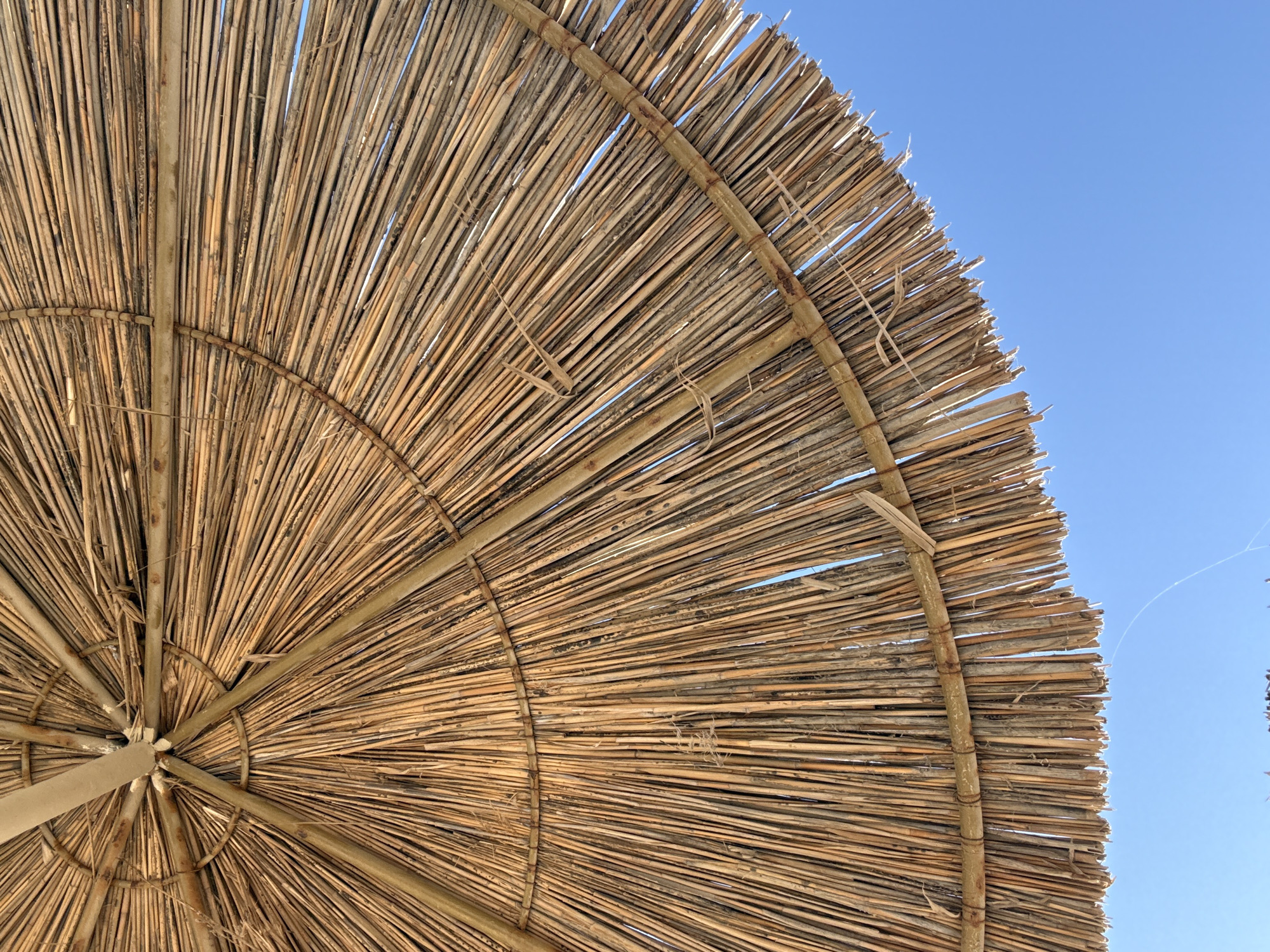 This image shows the underside of a straw parasol against a blue sky. The parasol is constructed of dried reeds or similar material, arranged radially around a central support and held in place by circular bands. The reeds are mostly light brown, with some darker and lighter variations. The sky is clear and light blue. The location is inferred to be Alanya, Turkey.