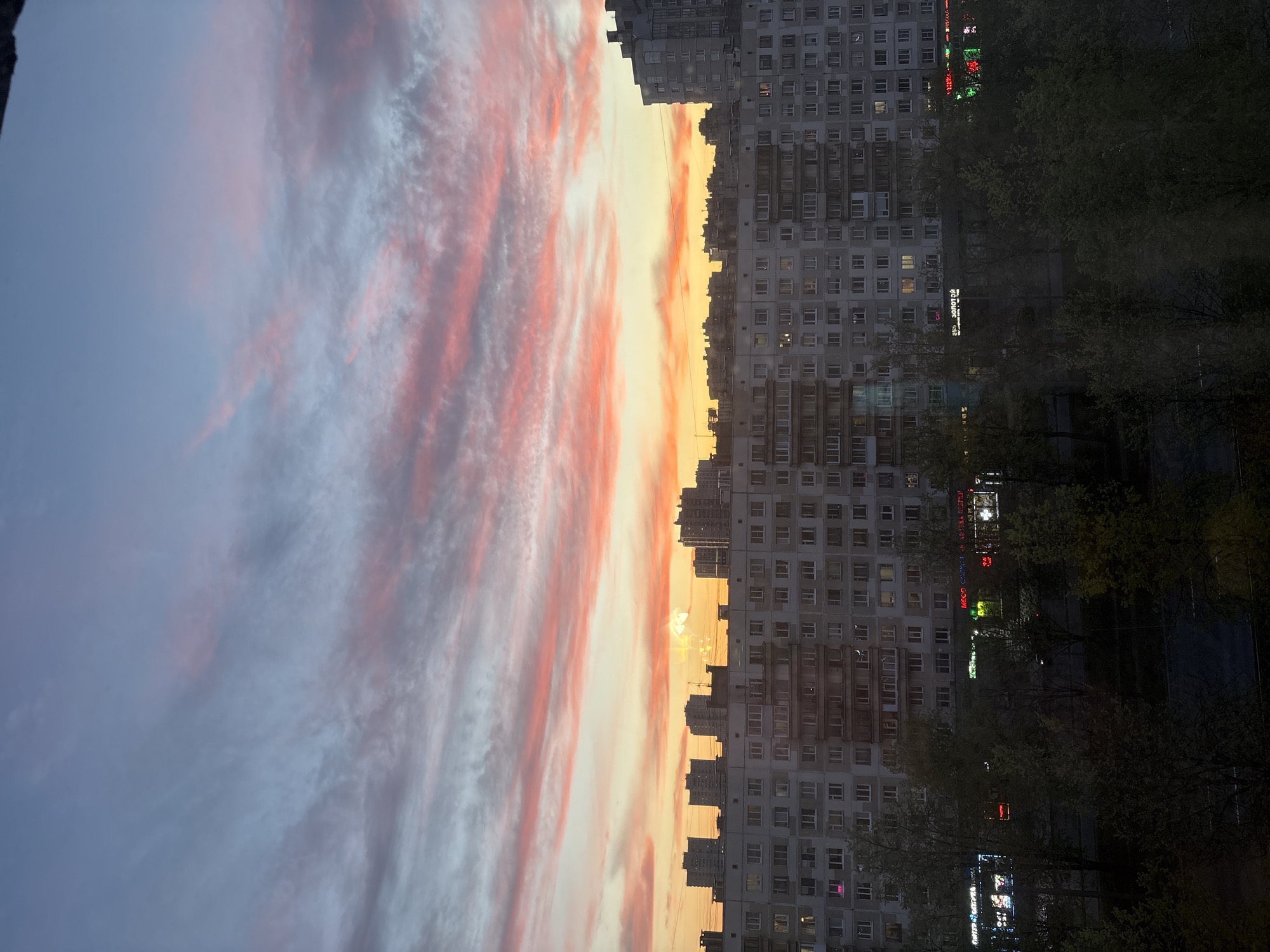 A vertical photograph shows a high-rise building on the right side of the image, and a vivid sunset sky to the left. The building appears to be located in an urban setting, possibly the city of Murino, Russia. The building is a large apartment complex, its facade marked by rows of windows, some of which are illuminated, suggesting occupancy. Below the building, trees are visible, obscuring the base and adding depth to the scene. There are illuminated signs near the building. The sunset sky is a dramatic display of color. The clouds show gradients of pale pink, orange, and yellow, providing a stark contrast to the gray concrete building. No people are visible.