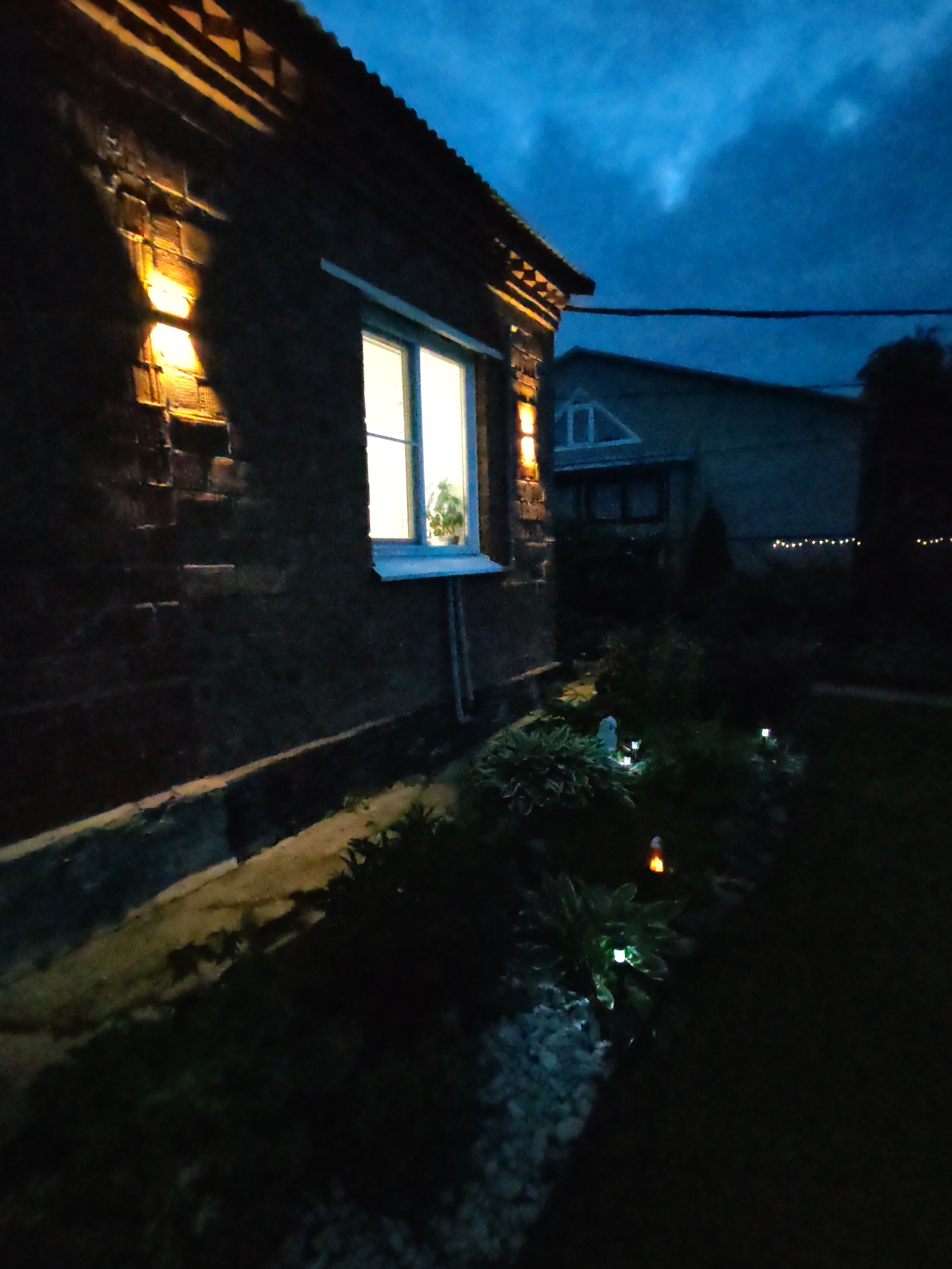 The image depicts an exterior view of a residential property at night in Malaya Purga, Russia. A dark-bricked building, presumably a house, occupies the left side of the frame, illuminated by two upward and downward-facing wall sconces casting warm, golden light onto the brickwork. A brightly lit window is visible on this building, revealing a potted plant on the interior sill. A dark, possibly tiled or corrugated roof with a decorative frieze is visible at the top of the building, under a deep blue, cloudy night sky. A white downspout runs vertically below the window.
In the foreground, a garden bed features various dark green foliage plants, including hostas, interspersed with several small, glowing solar-powered garden lights. Some lights emit white or cool-toned light, while others appear amber. A small white statuette, possibly an angel or gnome, is partially visible among the plants. A light-colored concrete or gravel path borders the base of the main building.
In the background, under the same dark blue sky, a second, lighter-colored building with a distinct triangular dormer is visible. A dark cable or power line spans the scene between the two structures. To the far right, a string of small, warm-toned decorative lights is suspended horizontally. Dark silhouettes of trees or shrubs are also discernible against the night sky on the right. No individuals are present, and no overt actions are depicted.