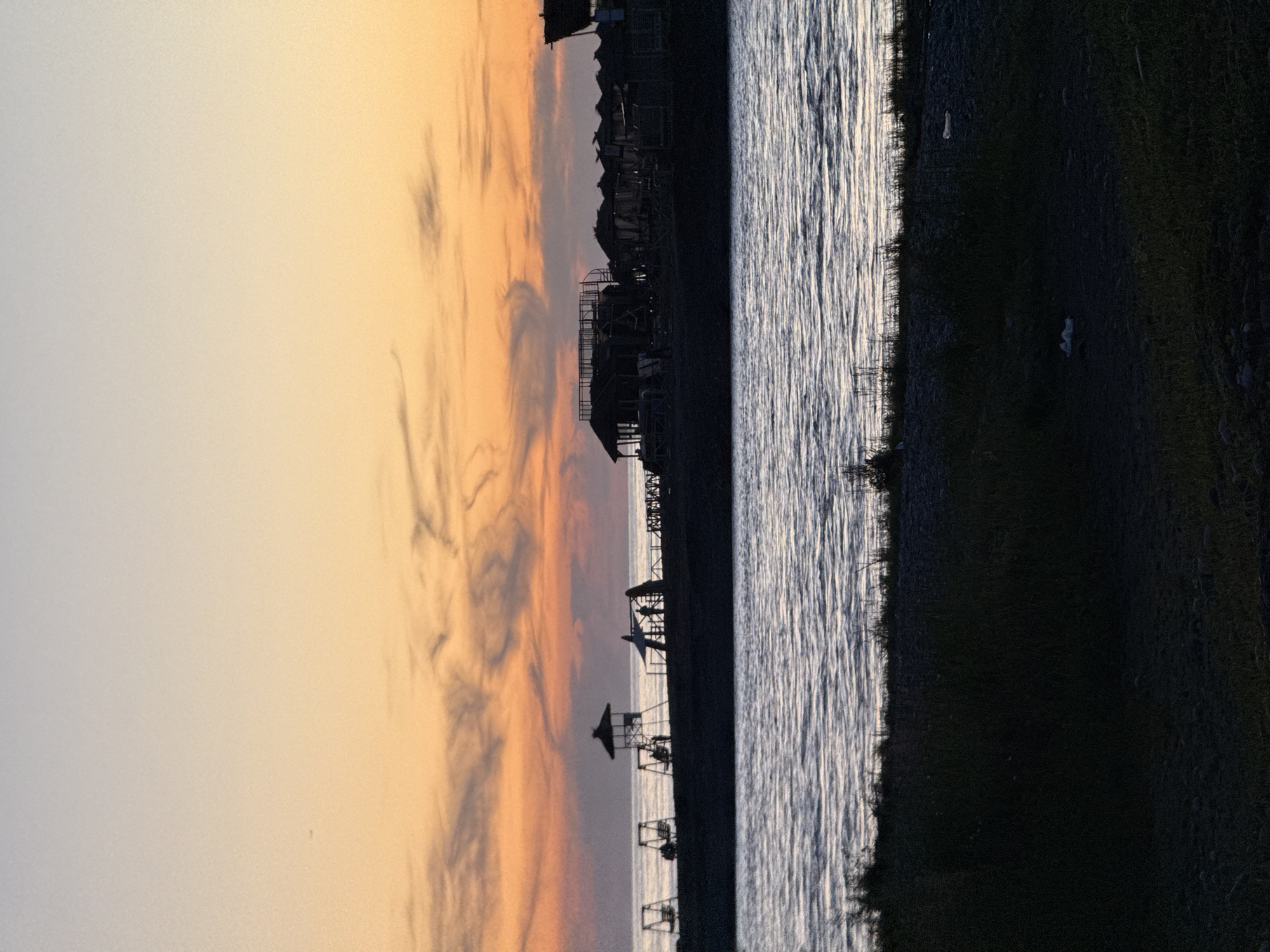 The image depicts a serene twilight or sunset scene over a body of water in Sirius, Russia, with a visible coastline and silhouetted structures.
The upper portion of the frame is dominated by the sky, displaying a beautiful gradient of colors. Warm orange and yellow hues are prominent near the horizon, blending upward into softer pale yellow and light grey-blue tones. Dark, wispy cloud formations are etched against the fading light, adding texture to the expansive sky.
Along the horizon line, separating the sky from the water, is a collection of dark, silhouetted structures. These appear to be beach amenities or parts of a resort. A distinct gazebo-like structure with a pointed roof stands out closer to the viewer. Other less defined dark forms suggest additional recreational equipment, chairs, or small buildings extending along the water's edge and into the distant background, indicating a developed coastal area.
The middle section of the image is occupied by a calm body of water, likely the Black Sea. Its surface is covered with subtle ripples, reflecting the diminishing ambient light in cool, silvery-blue and white tones.
The lower portion of the image shows a dark, indistinct strip of land, forming the immediate foreground. It appears to be a grassy or rough shoreline.
The strong silhouettes against the colorful sky clearly indicate the time of day as late sunset or early twilight. There are no discernible people or visible text. The overall atmosphere is peaceful and contemplative, characteristic of an evening at a coastal location.