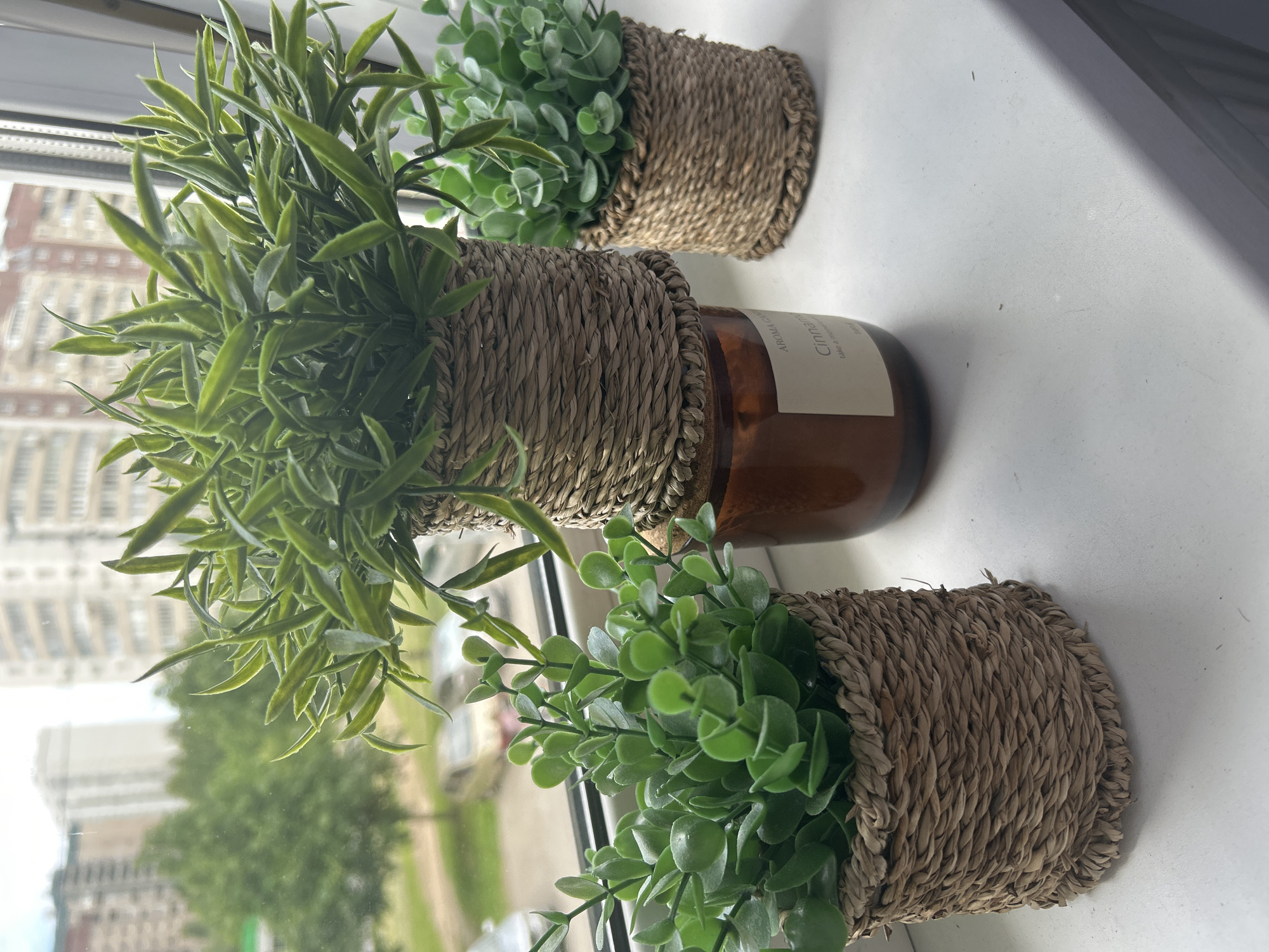 Three potted artificial plants are arranged on a white windowsill. The plant on the left has small, round green leaves. The plant in the middle has long, thin green leaves and is taller than the others. The plant on the right has small, round green leaves, similar to the one on the left. The pots are made of woven material. Between the middle and left plants, a brown glass candle is visible with a label that reads "AROMA CANDLE Cinnamon". Outside the window, trees and apartment buildings can be seen, suggesting an urban setting. The weather appears overcast.