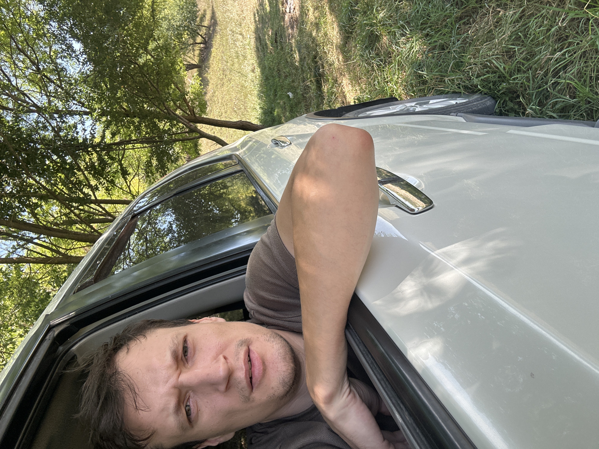 A man leans out of the open window of a white car parked on a grassy area with trees in the background. The man is looking towards the camera. The man is wearing a brown t-shirt. The car is light-colored and has a chrome door handle. The environment appears to be a rural or natural setting. There are trees with green foliage and a grassy area with some dry grass. The lighting suggests it is daytime, possibly mid-morning or afternoon, with sunlight casting shadows.
