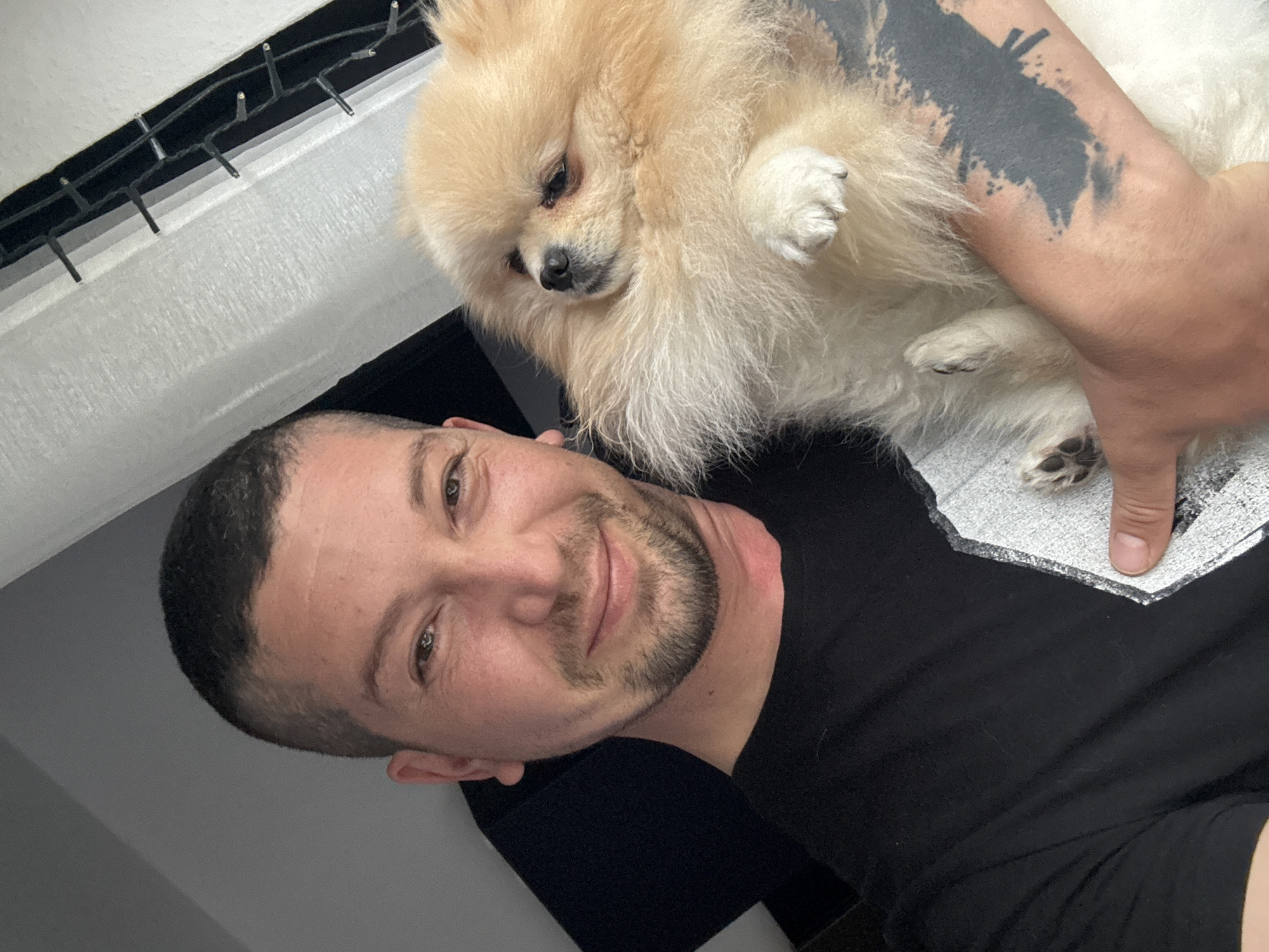 A man is holding a small, light-brown Pomeranian dog. The man is light-skinned, with short dark hair, a trimmed beard, and a black t-shirt. He is smiling at the camera. The dog is resting in his arms, looking downward. The man has a dark tattoo on his upper arm. The background includes a white wall and ceiling with fairy lights strung along the top.
Given the lack of distinct local cues in the image, it is impossible to confirm whether this photograph was taken in Bietigheim-Bissingen, Germany. There are no landmarks or specific objects that can be geolocated to that city.