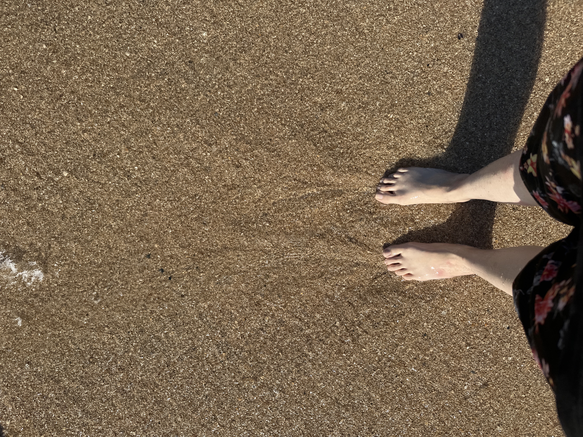 The media file shows a top-down view of two bare feet standing on a sandy beach. The sand is light brown with small pebbles and shells scattered throughout. A gentle wave is washing over the feet, creating a thin line of white foam on the left side of the image. The sun is casting a long shadow to the left of the feet, indicating it is likely late afternoon or early morning. The person is wearing black shorts with a floral pattern. The overall scene evokes a sense of relaxation and enjoyment of a beach environment. The location is Golubitskaya, Russia. There is no visible text in the image.
