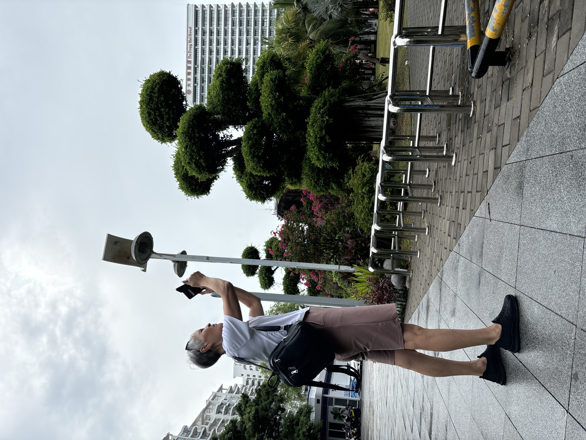 A person with short grey hair, wearing a white t-shirt, pink shorts, and black shoes, stands on a paved walkway and takes a picture with their phone. They have a black backpack slung over their left shoulder. In the background, a tall white building with many windows, labeled "Da Dong Hai Hotel", stands against a cloudy sky. To the left of the hotel, there are several apartment buildings. In the foreground and midground, there is a manicured green tree with a thick trunk, and various flowering plants and palm trees. A metal railing and a yellow and black striped barrier are also visible. The paved walkway is made of grey and beige tiles. The location is Jiyang District, China.