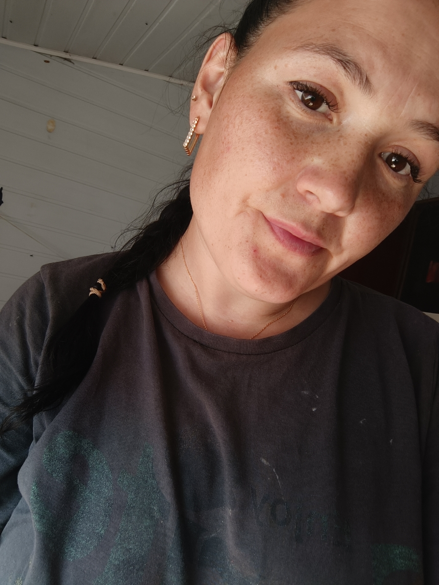 This is a close-up, medium shot selfie of a woman with dark hair and brown eyes. She is wearing a dark gray t-shirt with a faded green graphic design on it, and a delicate gold necklace. Her hair is in a braid, and a few strands are loose around her face. She has freckles across her nose and cheeks, and is wearing a square-shaped earring with clear stones in her right ear. The woman has a slight smile and appears to be looking slightly off-camera.
The background is a light-colored, paneled wall, suggesting an indoor setting with diffused natural light. The angle of the shot and the lighting suggest it is daytime. There is no discernible weather or specific location beyond a general indoor setting. The overall mood is casual and relaxed. No text is clearly visible in the image.