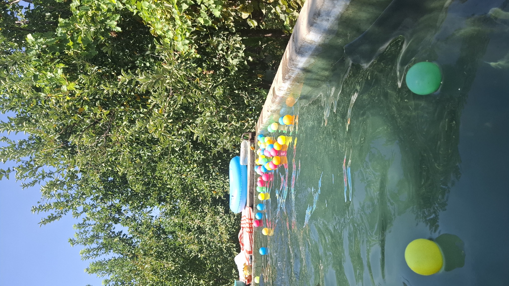 The image depicts an outdoor swimming area, likely a concrete pool, filled with greenish water. Numerous colorful plastic balls are floating on the surface of the water, scattered throughout the pool. A blue inflatable ring is positioned on the edge of the pool. In the background, dense green foliage from trees provides shade and frames the scene. The sky above is a clear blue. The location is identified as Shubarssu, Kazakhstan. There are no people visible in the image.