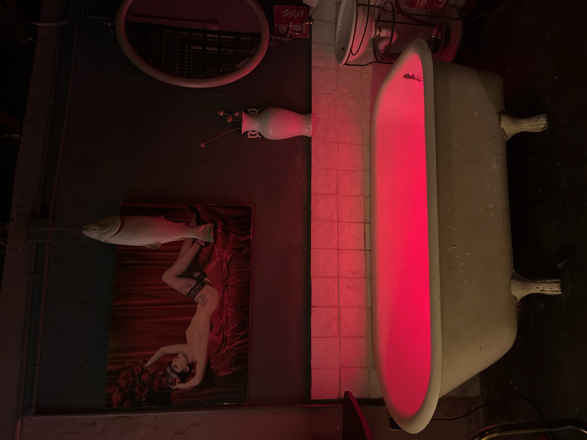 This media file captures an indoor, dimly lit scene, characterized by a striking red glow emanating from within a freestanding, old-fashioned bathtub. The bathtub, with its classic clawfoot design, sits on a dark floor beside a wall covered in white rectangular tiles.
On a dark-colored wall to the left, a large, artistic print or painting depicts a reclining nude woman with dark hair, adorned with black stockings and garter, surrounded by red fabric and a cluster of red flowers. Directly above this painting, a prominent white, realistic-looking fish sculpture or prop is mounted vertically.
Further to the left and slightly above the tiled wall, a white ceramic vase with decorative handles (resembling faces or owls) holds a few slender sticks or artificial dried flowers. Above the vase, a white sink or basin with exposed plumbing is visible, accompanied by a red fire extinguisher and a partially obscured white sign with red symbols, possibly indicating a fire exit or safety instruction. A circular mirror with a thick white frame is also visible in the upper-left area, reflecting dark internal structures and pipes.
The overall atmosphere is eclectic and surreal, suggesting a unique art installation, a themed bar, or a quirky interior design in a location like Barcelona, Spain. No people are present, and no activity is taking place. The scene is brightly lit by the red light from the tub, contrasting with the otherwise dark environment, contributing to a sense of intrigue and dramatic ambiance. The time of day is not discernible, but the lighting suggests an evening or artificially lit setting.