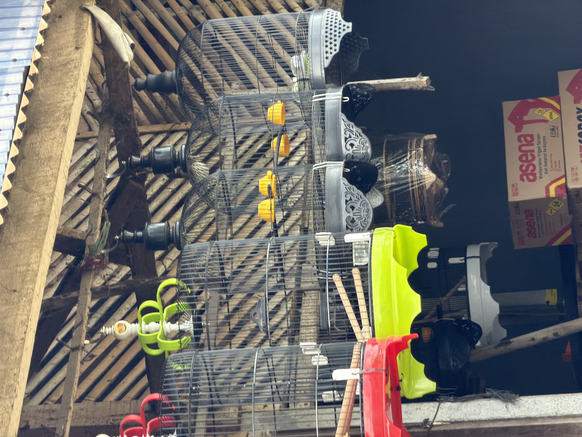 In Baturiti, Indonesia, a market stall displays several ornate bird cages. The cages, made of black metal bars, are tiered and hang from a wooden ceiling. Some cages feature brightly colored bases in red and neon green. At the top of some cages are decorative finials, one in white and lime green, and another in black. Yellow bird feeders are visible inside some of the cages. In the background, a wall made of wooden slats is visible, and in the foreground, stacked boxes of "asenna" multipurpose trigger sprayers are present. The lighting suggests an outdoor or semi-outdoor setting.
