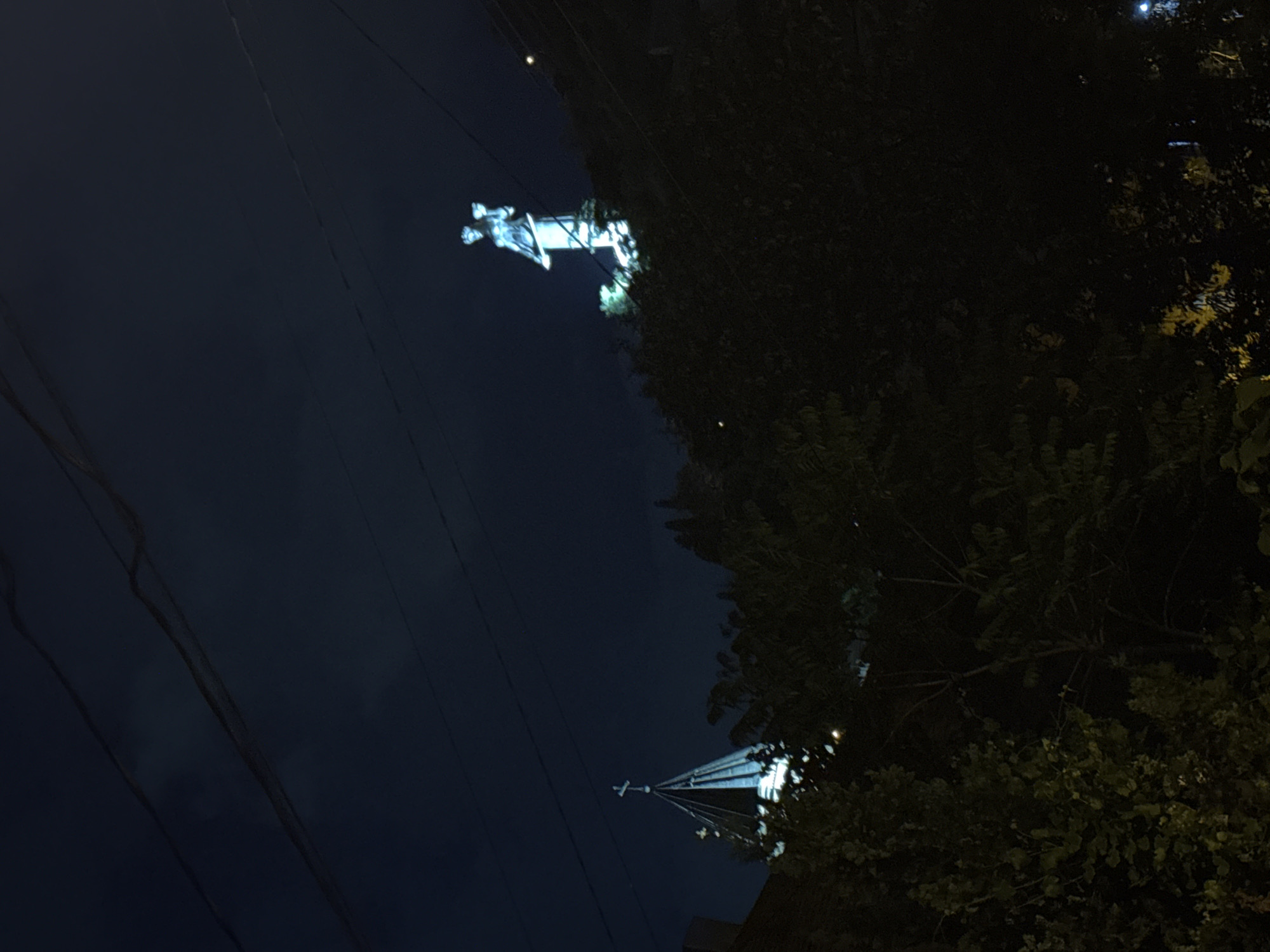 The photograph, taken at night in Tbilisi, Georgia, is oriented at an angle. In the upper-left quadrant is the illuminated Kartlis Deda statue. Below and to the right of the statue, a tower or spire is lit and visible through trees. The remainder of the scene is dominated by the dark night sky, with some powerlines visible. A dark mass of trees and foliage occupies the right-hand portion of the image.