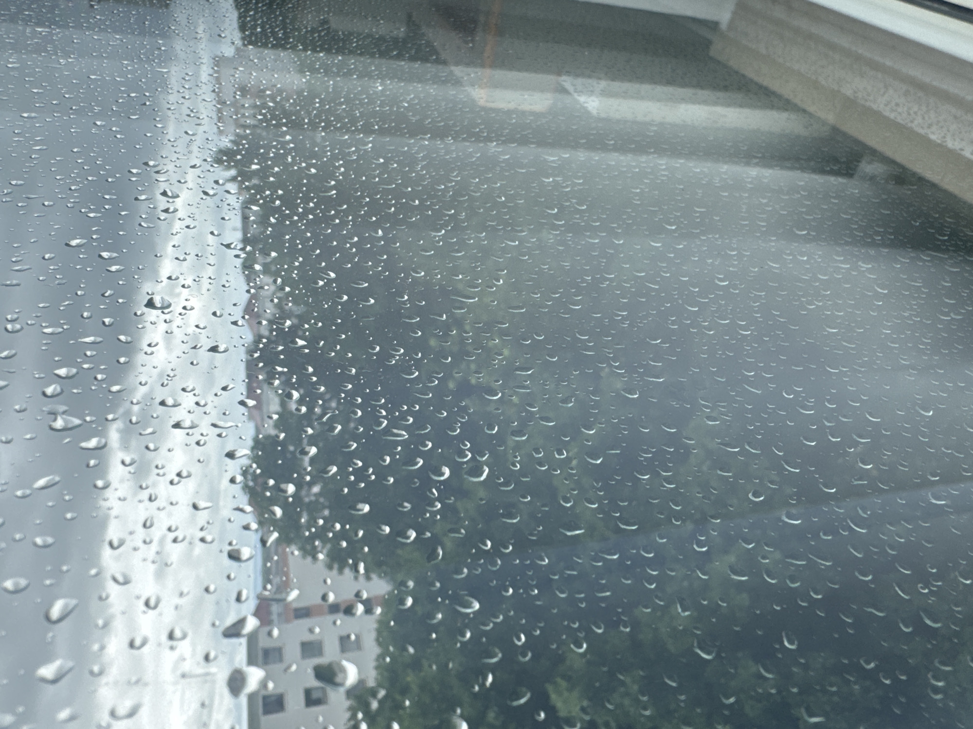 This is a close-up, eye-level, full shot of raindrops on a windowpane. The foreground is dominated by the water droplets, which vary in size and shape, distorting the view of the background. Beyond the window, a blurred cityscape is visible, including buildings and trees. The sky appears overcast and grey. The lighting is dim and diffused, typical of rainy weather. There are no people or animals in the image. The overall impression is one of a gloomy, wet day viewed from indoors.