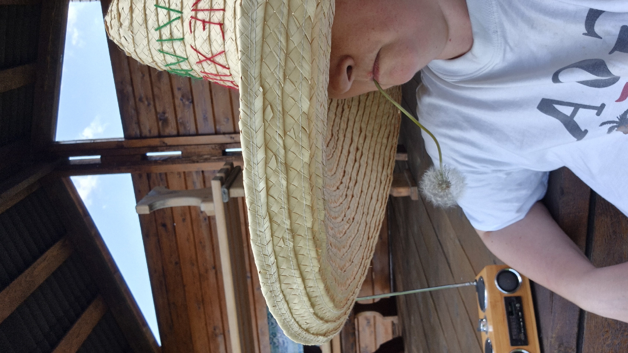 The image shows a person wearing a large straw sombrero with green and red embroidery that reads "MEXICO". The person has a dandelion stem in their mouth, with the dandelion puff ball resting on their white t-shirt. A small, wooden radio is visible to the left of the person. The scene appears to be outdoors, under a wooden roof structure, with wooden walls and decking. The location is specified as Новостройка, Russia.