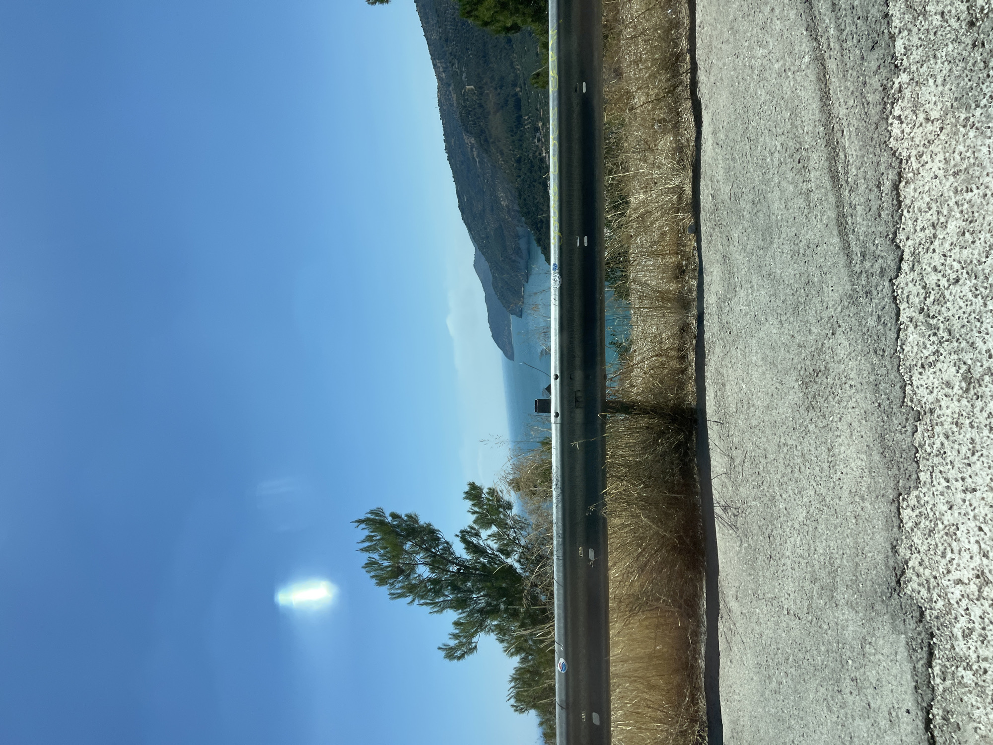 This is a vertical photograph taken from a road overlooking a body of water and a mountainous landscape, likely in Mattinata, Italy. The foreground shows a concrete road on the right, bordered by dry, yellowish grass and a metallic guardrail. The guardrail, with several stickers on it, runs horizontally across the middle of the image. Beyond the guardrail, a bright blue sea stretches towards a hazy, dark green mountainside that rises from the water's edge. The sky is a clear, vibrant blue, with a bright sun glare in the upper left quadrant and another lens flare in the middle left. A small, green tree with wispy branches is visible in the lower left portion of the image. The scene suggests a sunny day, possibly late morning or early afternoon, with dry weather. There are no people visible in the image. The overall impression is one of a scenic coastal view.