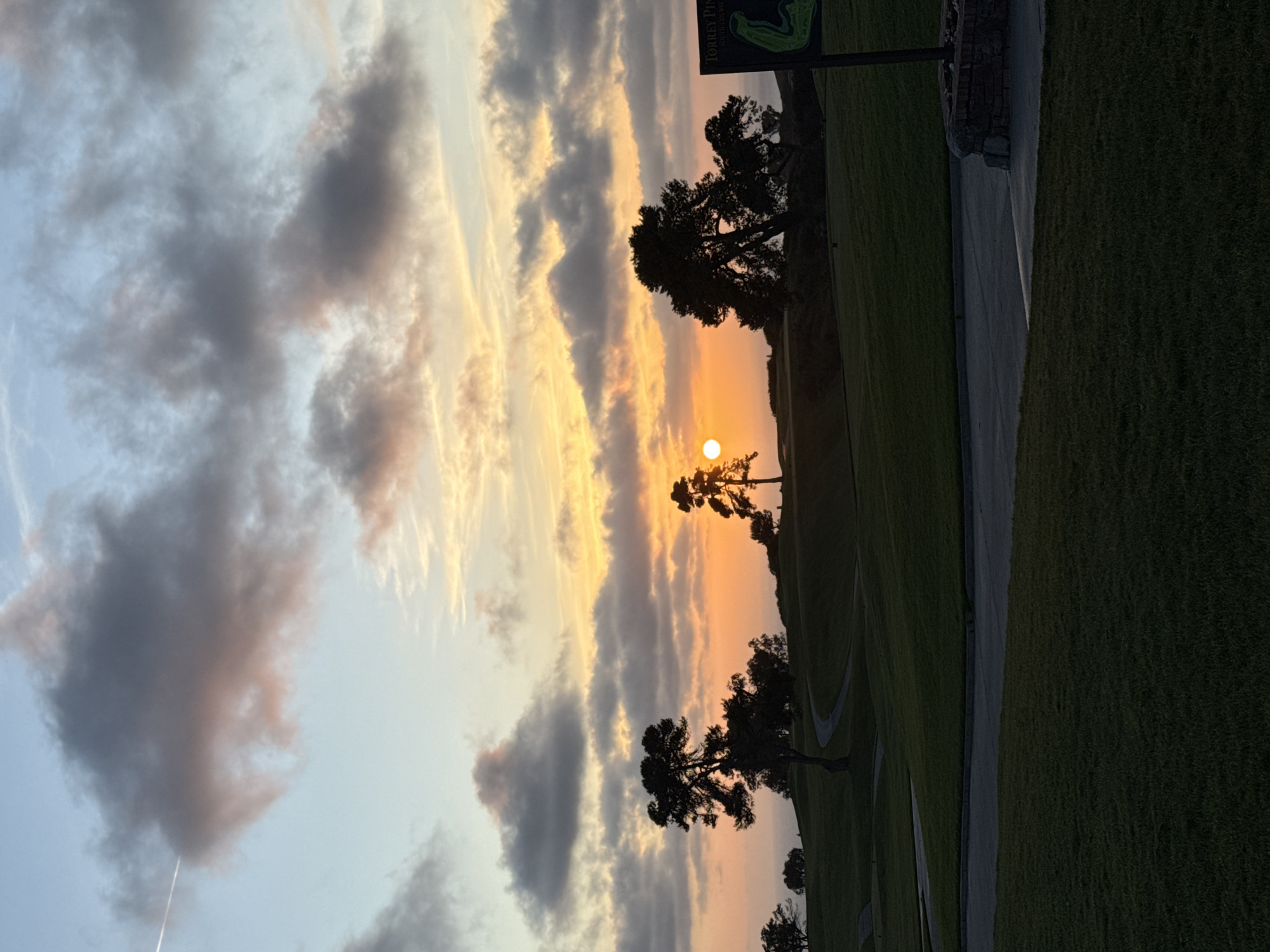 This image captures a vibrant sunset over the Torrey Pines South Course golf course in San Diego, United States of America. The sun, a bright orange-yellow circle, is low on the horizon, illuminating the sky with warm, radiant light.
The sky is a prominent feature, showcasing a dynamic interplay of clouds. Streaky, elongated clouds span the frame, with some appearing dark grey and textured, while others catch the golden, orange, and pink hues of the setting sun. The upper left portion of the sky transitions into a softer light blue. A faint contrail is visible in the upper left.
Several large trees are silhouetted against the brilliant sky, their dark forms contrasting sharply with the warm colors. The manicured green grass of the golf course is visible in the foreground and midground, with paved cart paths winding through the landscape.
In the upper right corner, a sign is clearly visible. It reads "TORREY PINES SOUTH COURSE" and includes a graphic of a golf hole or green, confirming the location.
The time of day is sunset, indicated by the low position of the sun and the rich, warm colors dominating the sky. The scene is tranquil and serene, with no people or specific activity visible, emphasizing the natural beauty of the landscape at dusk.