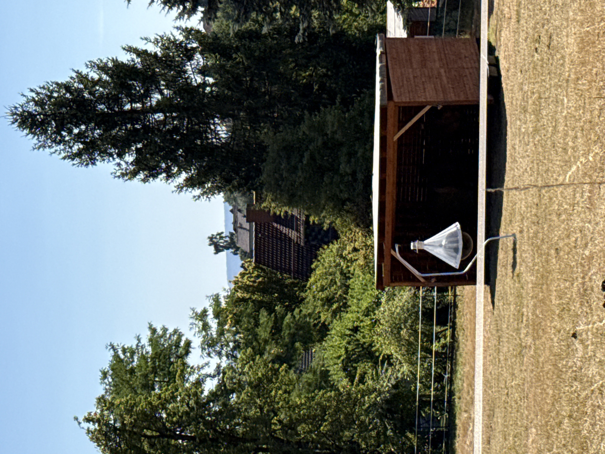 The image depicts a bright, sunny day in Bad Sachsa, Germany, with a clear blue sky. In the foreground, a dry, grassy field occupies most of the lower half of the frame. A wooden fence runs horizontally across the middle ground. Behind the fence, a wooden shelter with an open side is visible. Hanging from a metal arm attached to the shelter is a clear, conical object, possibly a light trap or a decorative element. The background features lush green trees and the rooftops of buildings, indicating a semi-rural or suburban environment. The overall scene suggests a tranquil outdoor setting on a summer day.