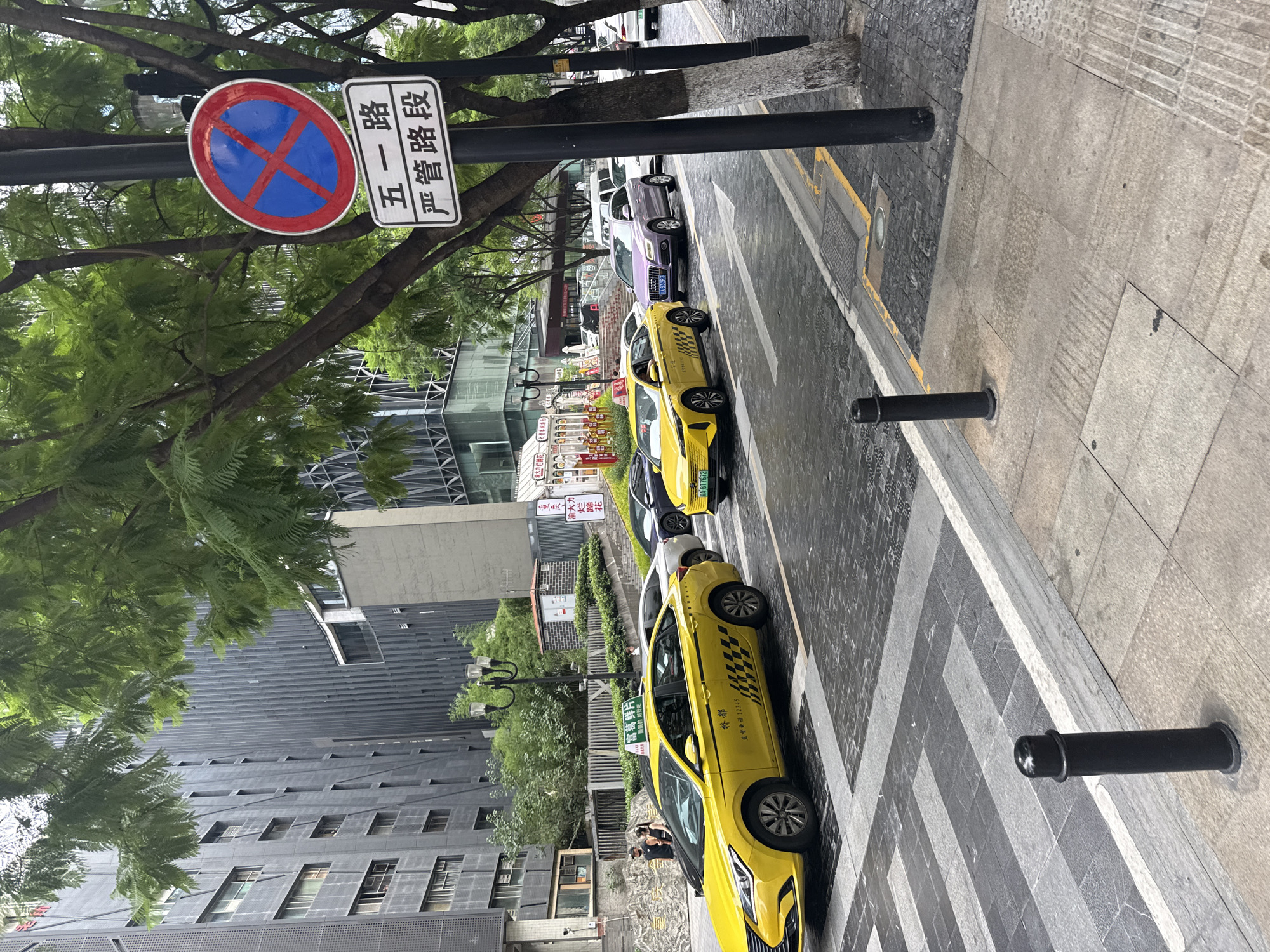 In Yuzhong District, China, on a paved city street lined with trees, several yellow taxis are visible. The foreground shows a section of the sidewalk with two black bollards. Beyond the sidewalk, the street is made of dark cobblestones with light-colored rectangular patterns. Several cars are driving on the street, including a yellow taxi in the left lane and another behind it. A purple SUV is in the right lane, followed by other vehicles. A traffic sign with a red circle and a blue "X" inside is mounted on a pole, accompanied by a sign with Chinese characters. In the background, tall, modern buildings rise above the trees, and a pedestrian walkway with a stone wall is visible on the left side of the street. Some people are standing on the walkway near the street.