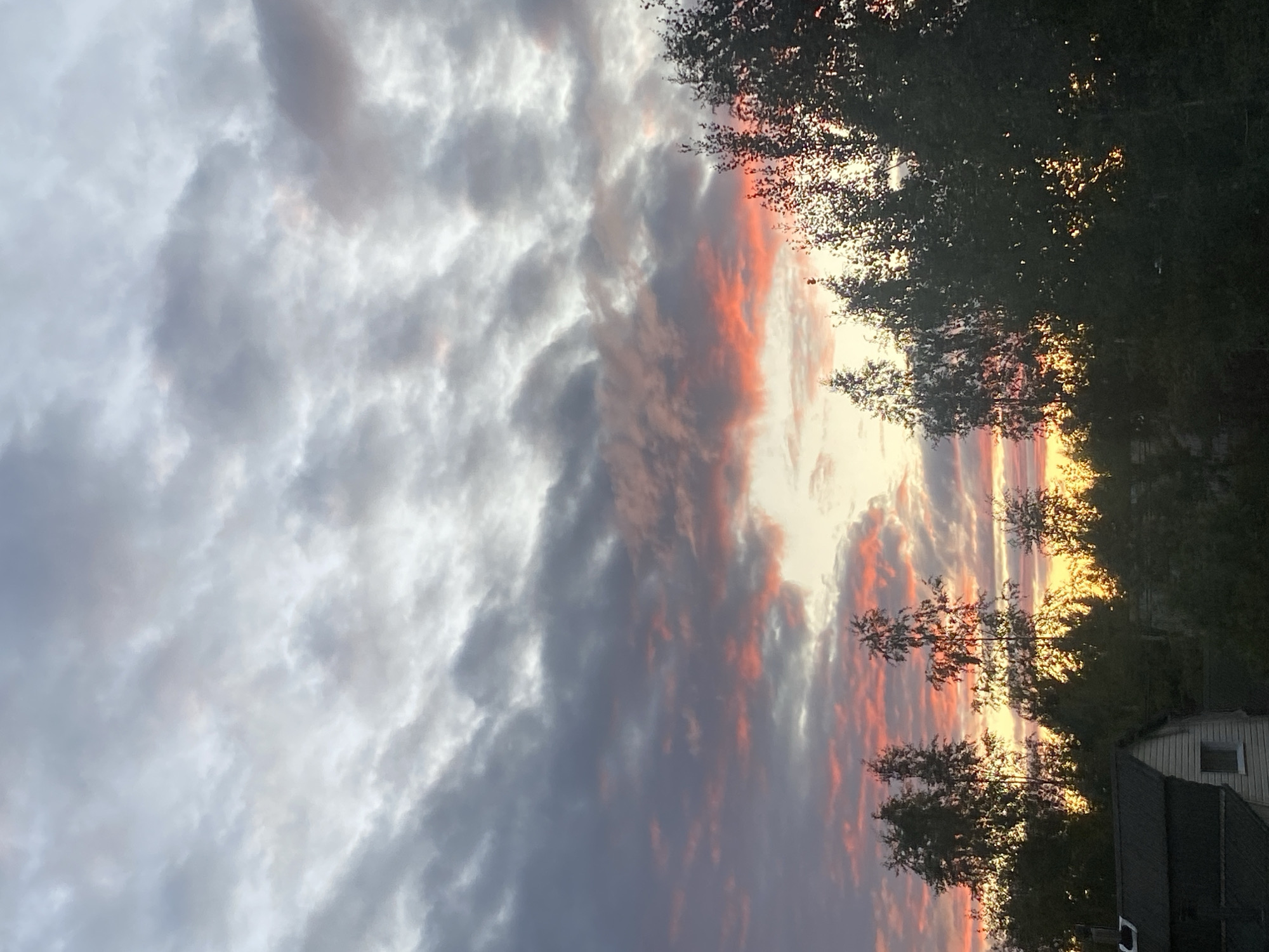 A landscape photograph captures a sunset scene in Leipyasuo, Russia. The sky is dominated by a mix of gray and white clouds, with streaks of pink and orange light radiating from the horizon. Silhouetted against the vibrant sky are the tops of numerous trees, their leaves catching the warm glow of the setting sun. In the foreground, a portion of a dark-pitched roof and a white-sided building with a small window are visible, suggesting a residential area. The overall impression is one of a tranquil, rural evening.
