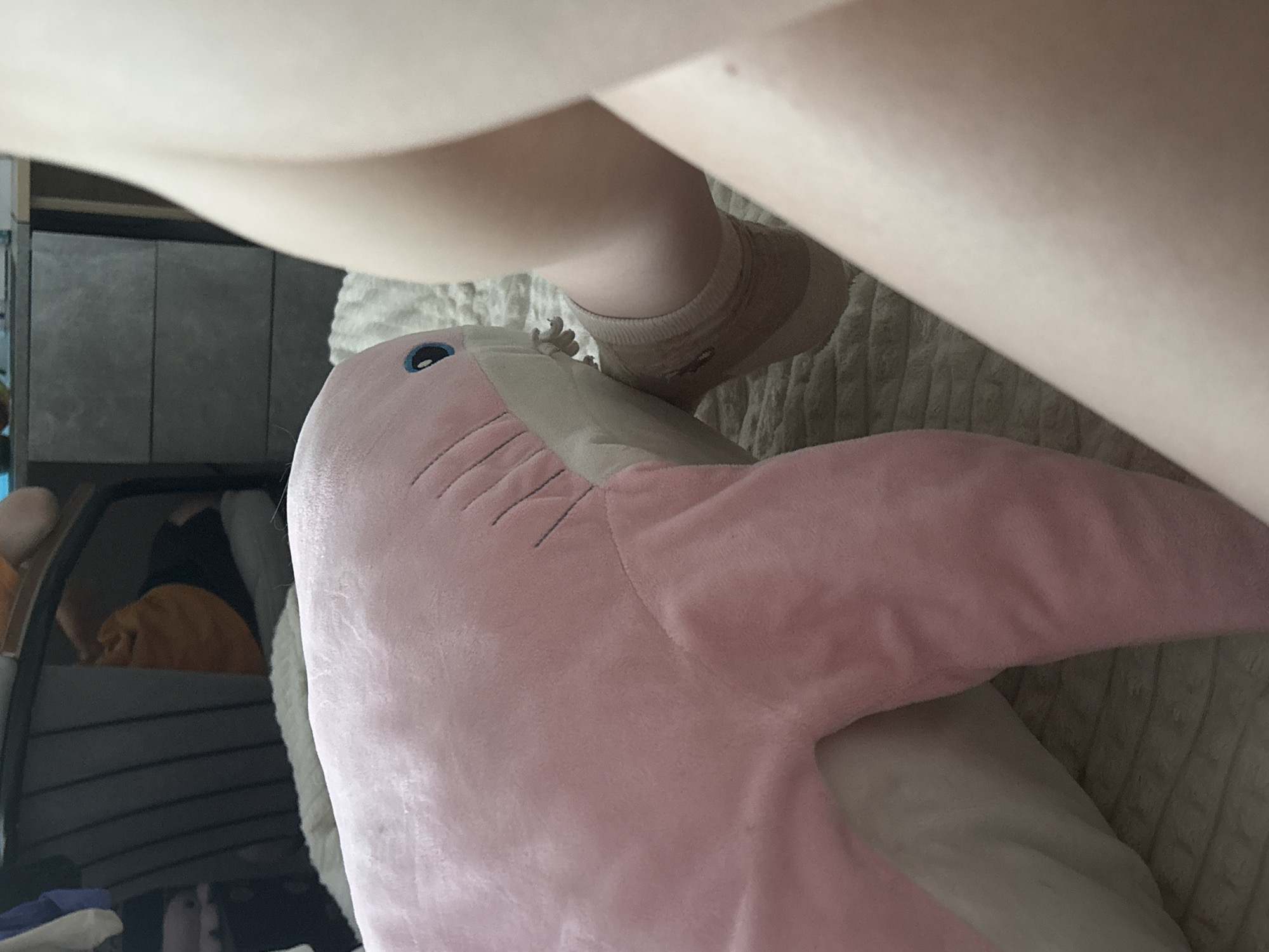 A high-angle shot features a large, pink plush shark toy resting on a textured, cream-colored blanket. A person's leg and foot, clad in a tan sock, are positioned over the shark's head. The setting appears to be indoors, with part of a grey chair and glimpses of a room visible in the background. The details provided do not indicate this photo was taken in Vsevolozhsk, Russia.