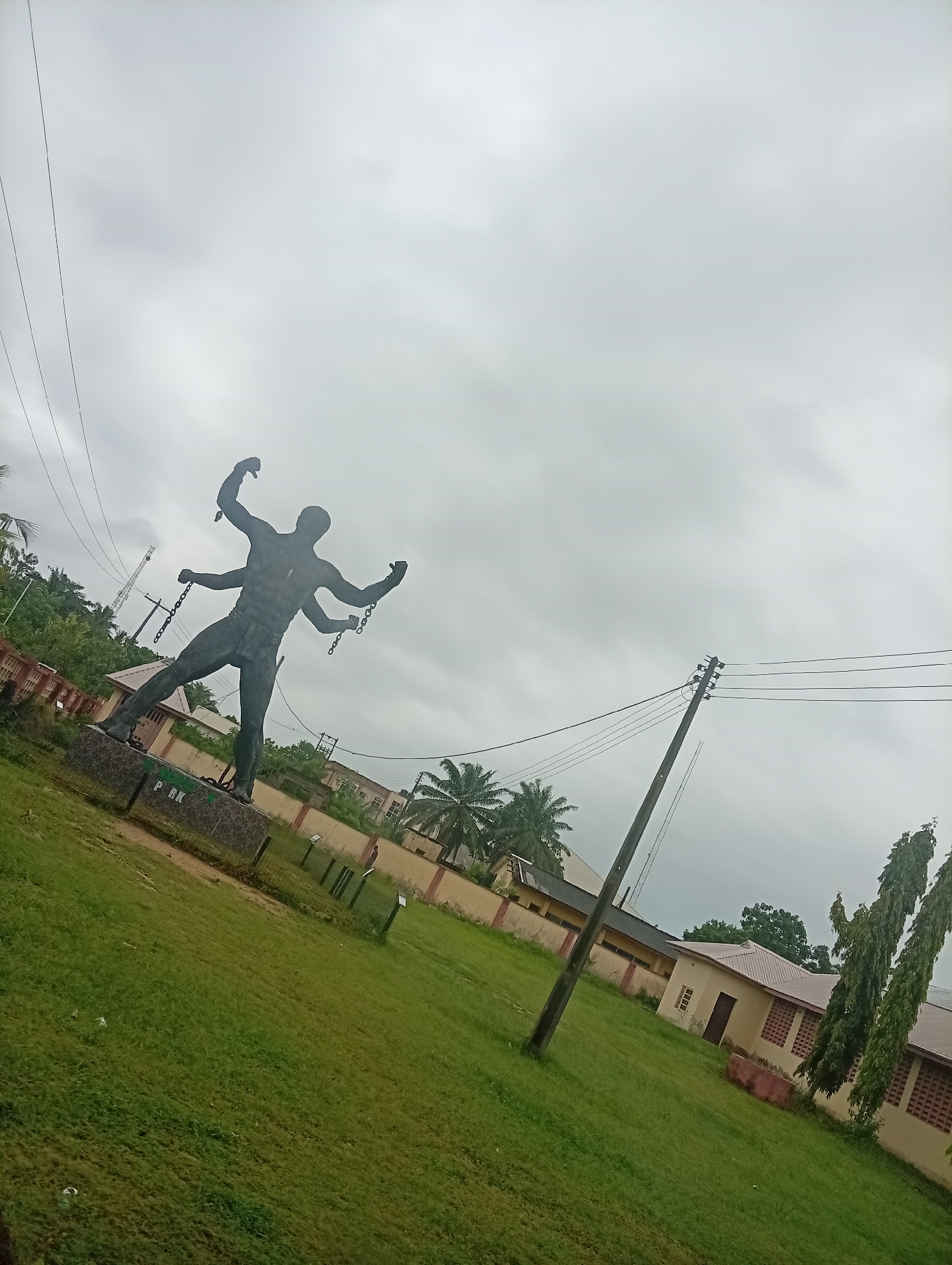 The image shows a statue of a man with four arms breaking chains, located in a grassy area. The sky is overcast, and there are several buildings and trees in the background. A utility pole and power lines are visible on the right side of the frame. The inscription "Park" can be seen on the base of the statue. The city is Unknown, Unknown.